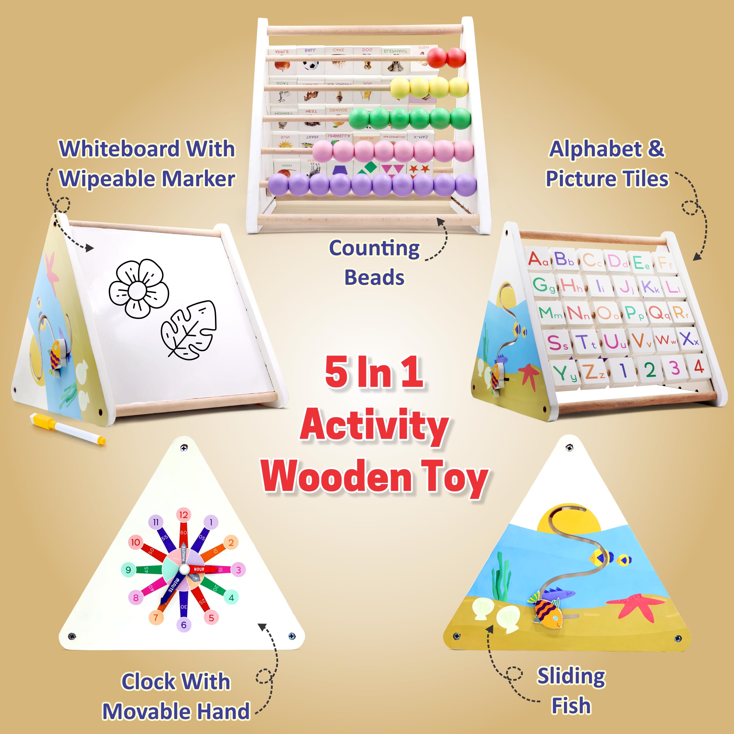 Chanak 5-in-1 Wooden Activity Triangle, Smart Educational Toy, Fun Early Learning Alphabets, Abacus Counting, Writing Board With Wipe & Clean Marker, Clock Learning & Sliding Fish For Kid 1 Year Above - Image 8 thumbnail