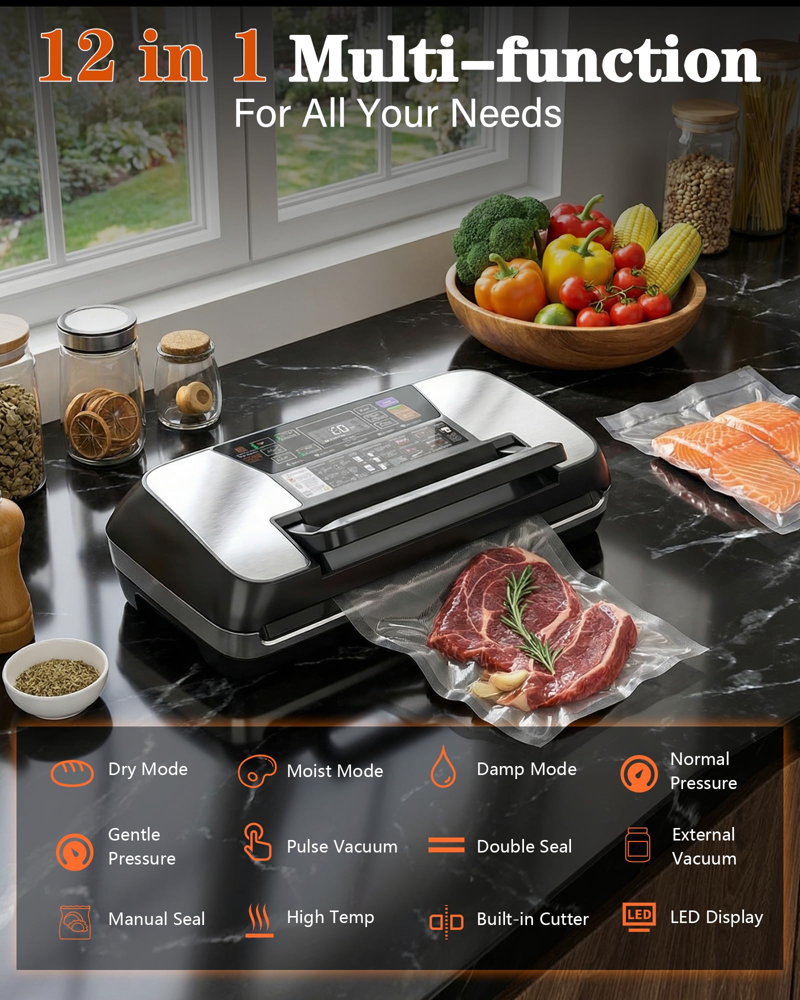 Envasadora al Vacío Doméstica y Profesional para Alimentos – 95 kPa, Aparato 12 en 1 con Doble Soldadura, Easy-Lock, Cortador de Film Integrado, Bandeja Desmontable para Conservación de Larga Duración