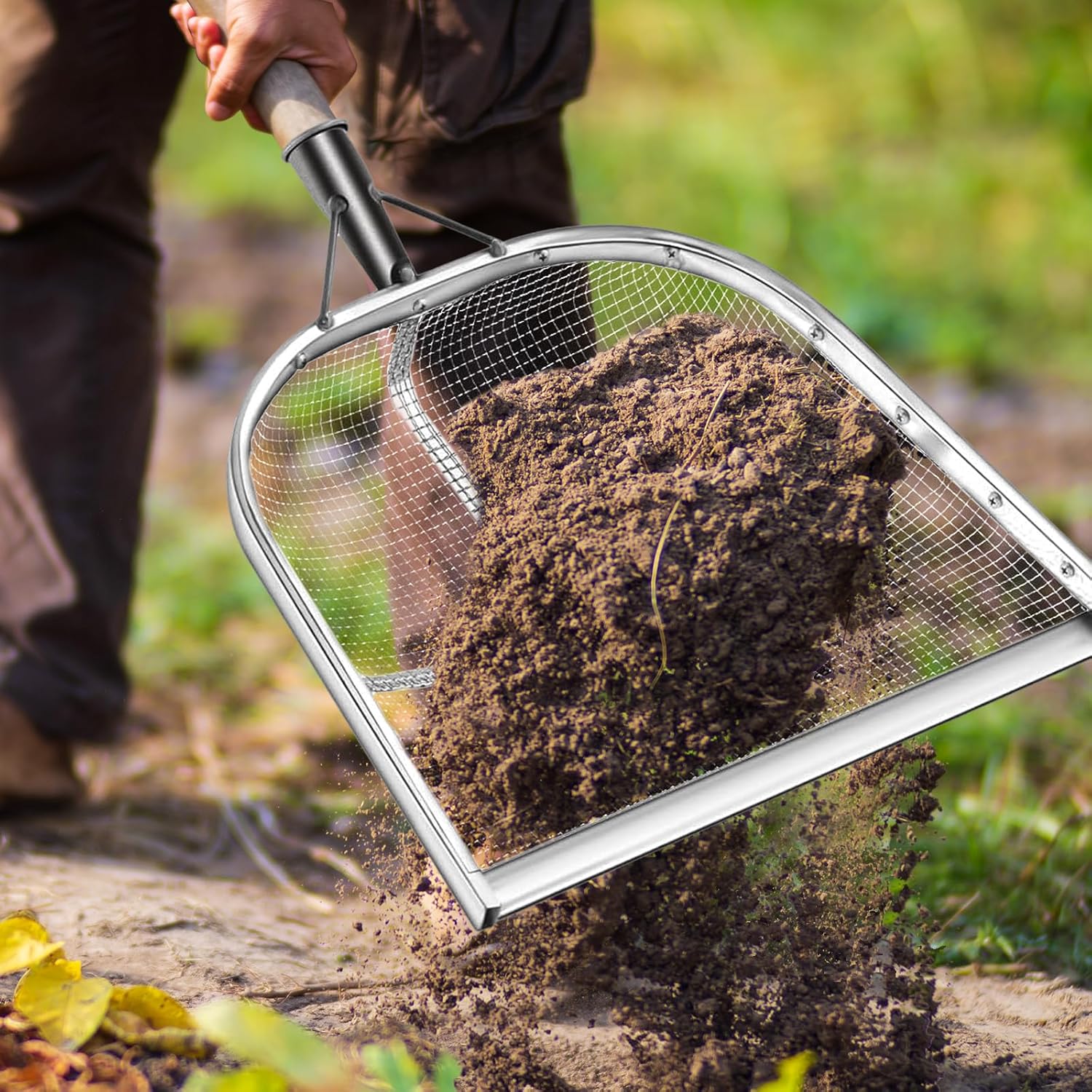 Generic Stainless Steel Filter Soil Shovels, Easy to Clean, Comfortable Handle, Sieve Soil Shovels, Yard for Sifting Corn Kernels, 4mm