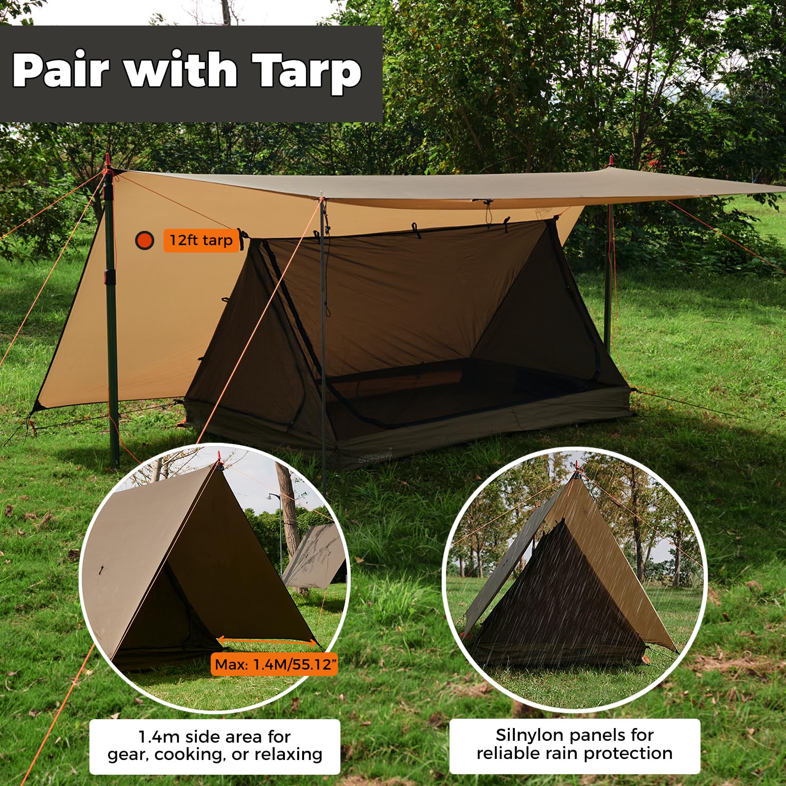 onewind Bâche de hamac de 3,7 m et tente intérieure, anti-pluie en silnylon et bâche intérieure en maille filet pour camping, randonnée, randonnée