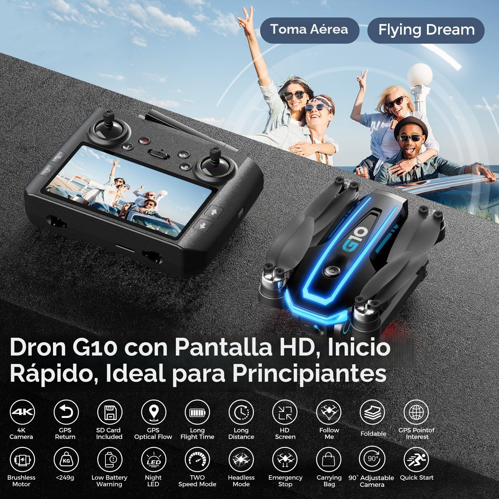 G10 GPS Drones con Cámara 4k para Niños y Adultos (control remoto pantalla), 5G FPV Quadcopter que vuela siguiéndote, Motor sin Escobillas, Regreso Automático, Tiempo de Vuelo de 45 min, ＜ 249g, C0