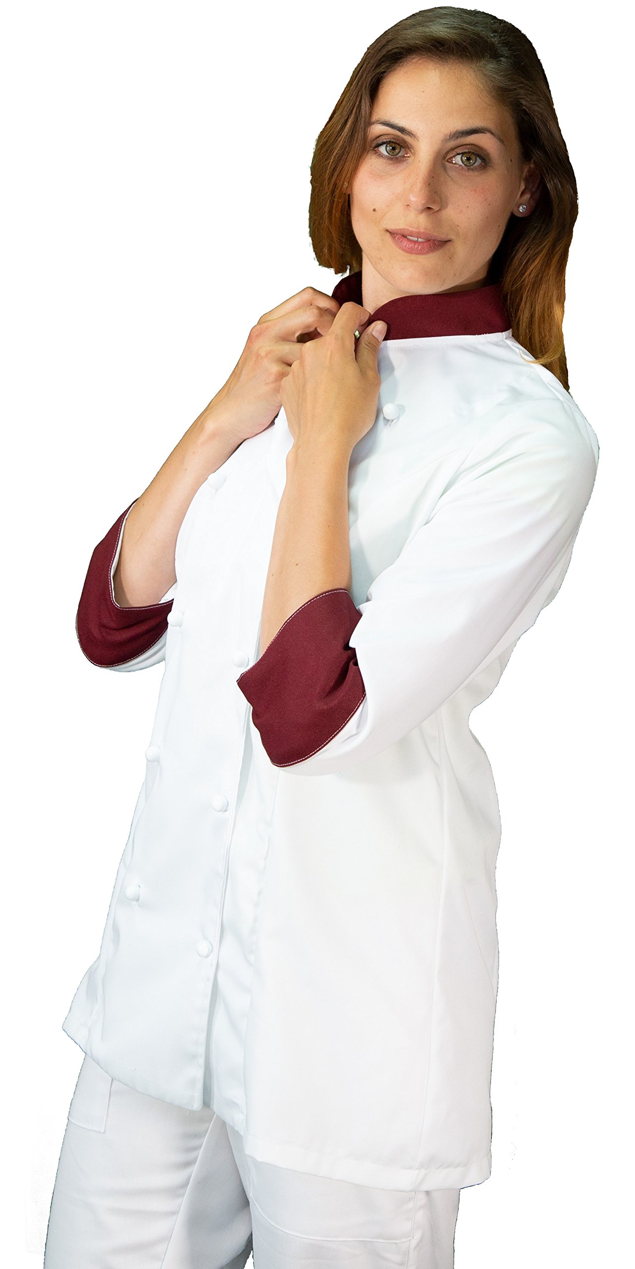 Ricamo Gratuito - Completo Cuoco da Cucina - Bianco e Bordeaux - Divisa Chef Donna - Pantalone, Giacca e Grembiule - Made in Italy
