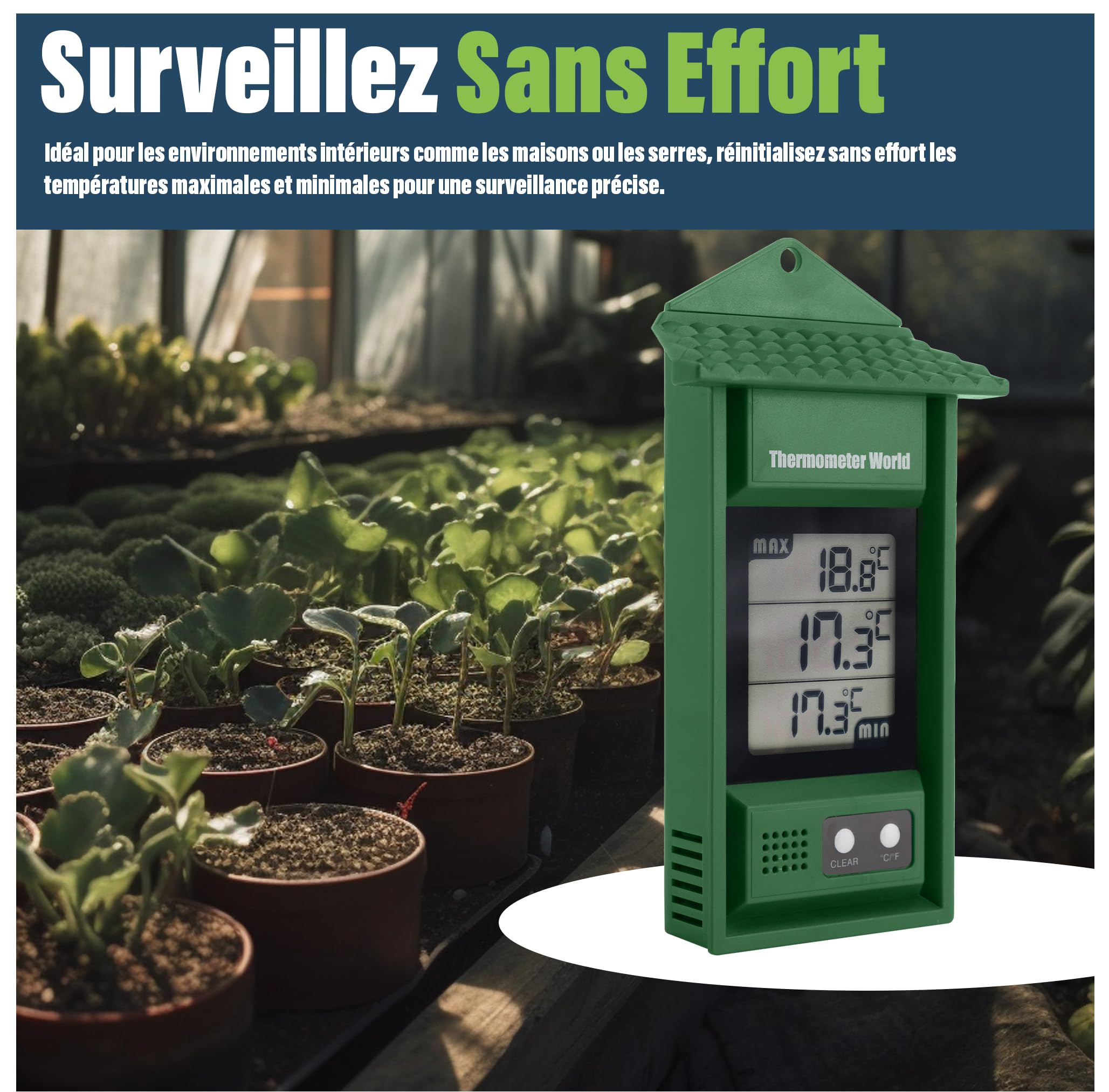 Thermomètre numérique min/max intérieur extérieur pour serre mural
