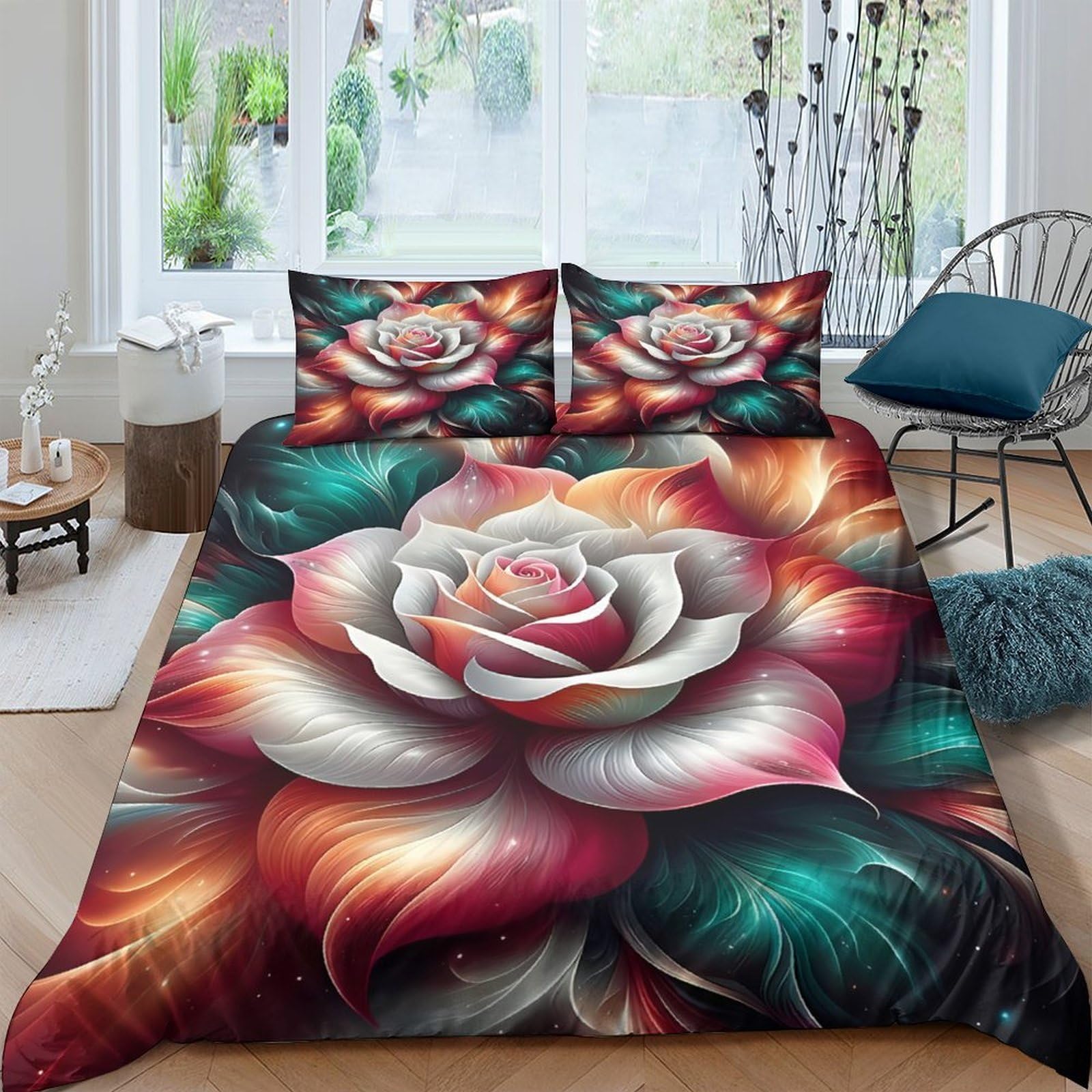 GPLZQXKJNH 3D Printed Rose Flower Duvet Cover Microfiber Bedding Set with 2 Pillowcases, Artistic Floral Quilt Cover, Breathable for Bedroom Home Single（135x200cm）