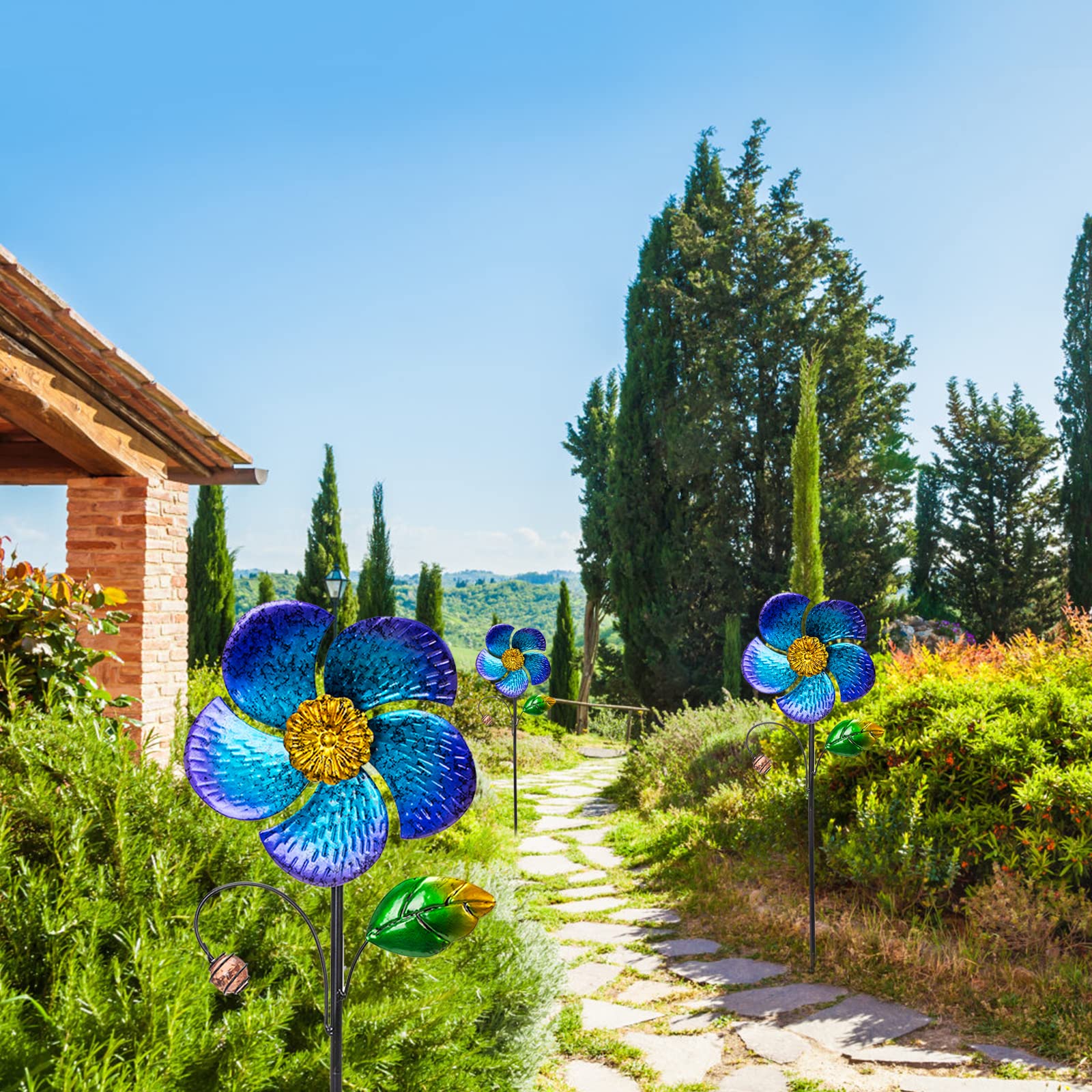 Viveta Paquete de 2 molinillos de viento con estaca de metal, 28.7 pulgadas, molinillos de jardín al aire libre, diseño en forma de flor azul para decoración de patio, césped, patio