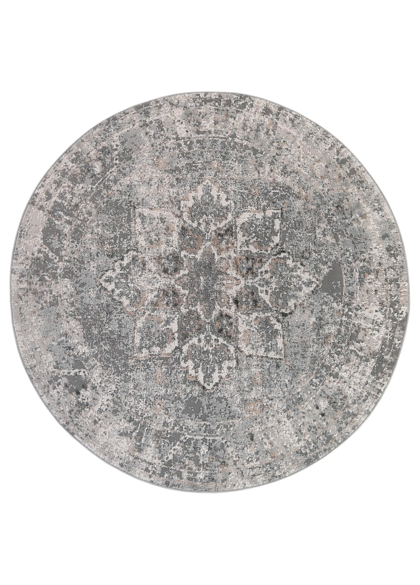 TAPISO Valley Rund Teppich Kurzflor Vintage Grau Blumen 160 x 160 cm | Rahmen Orientalisch Used Effekt Meliert Verwischt Wohnzimmer Schlafzimmer OEKO-TEX