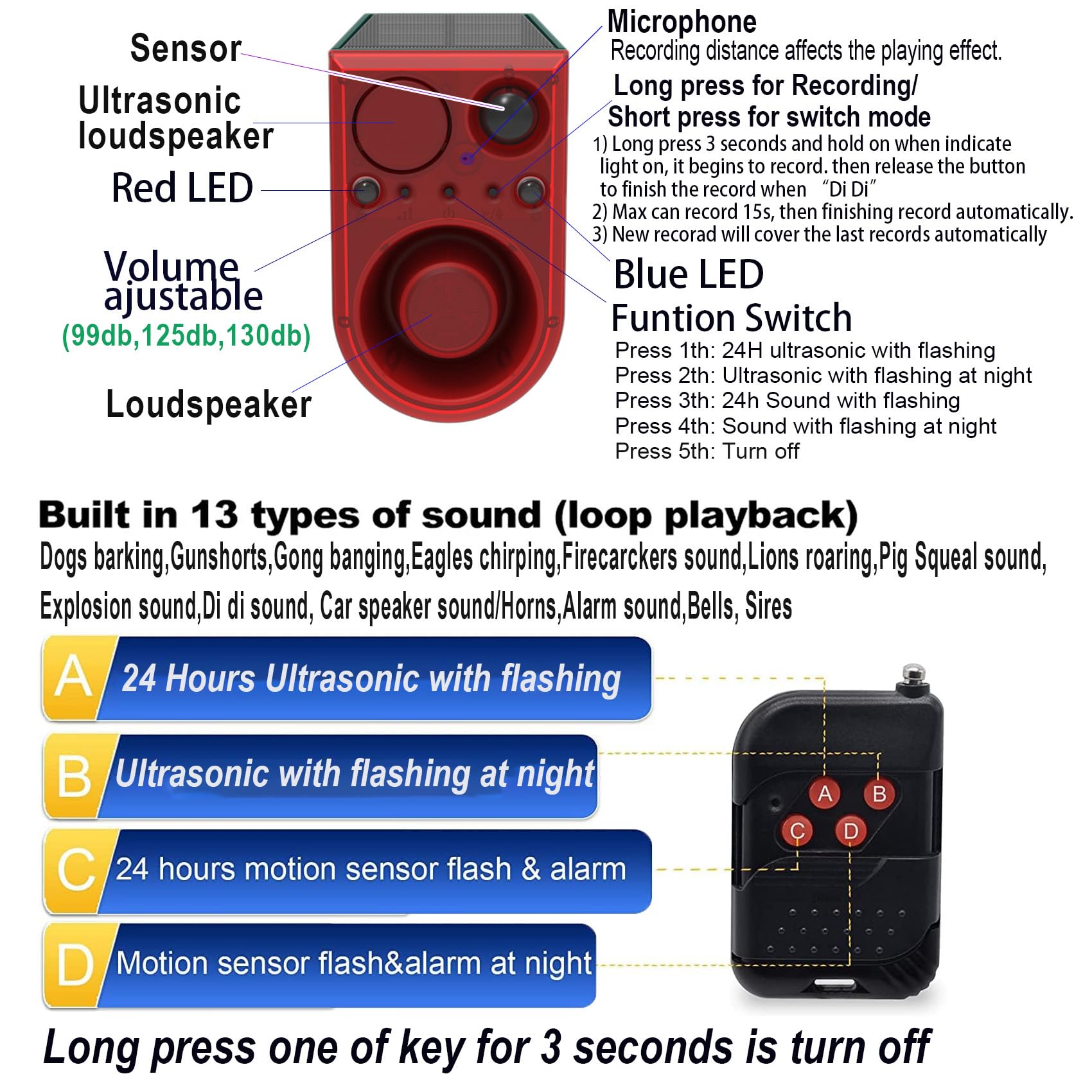Solar Outdoor Motion Sensor Alarm, 130dB rotes und blaues blinkendes Sicherheitslicht mit Fernbedienung, 13 Sounds und Aufnahmen angepasst, um Eindringlinge abzuhalten (2 Stück)