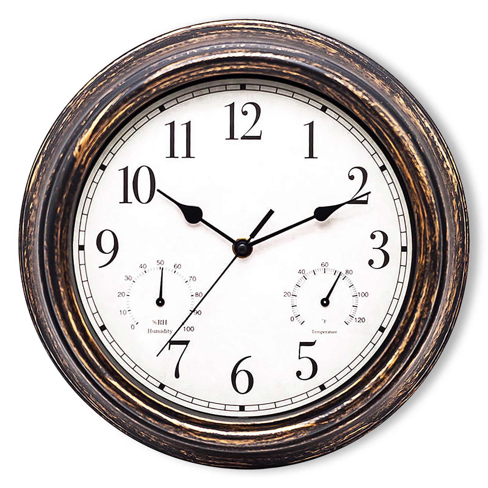 SUNOYA Orologio da giardino, resistente alle intemperie, impermeabile, 30 cm, con termometro e igrometro, per esterni, stile retrò, per bagno, giardino, cucina, veranda, senza ticchettio