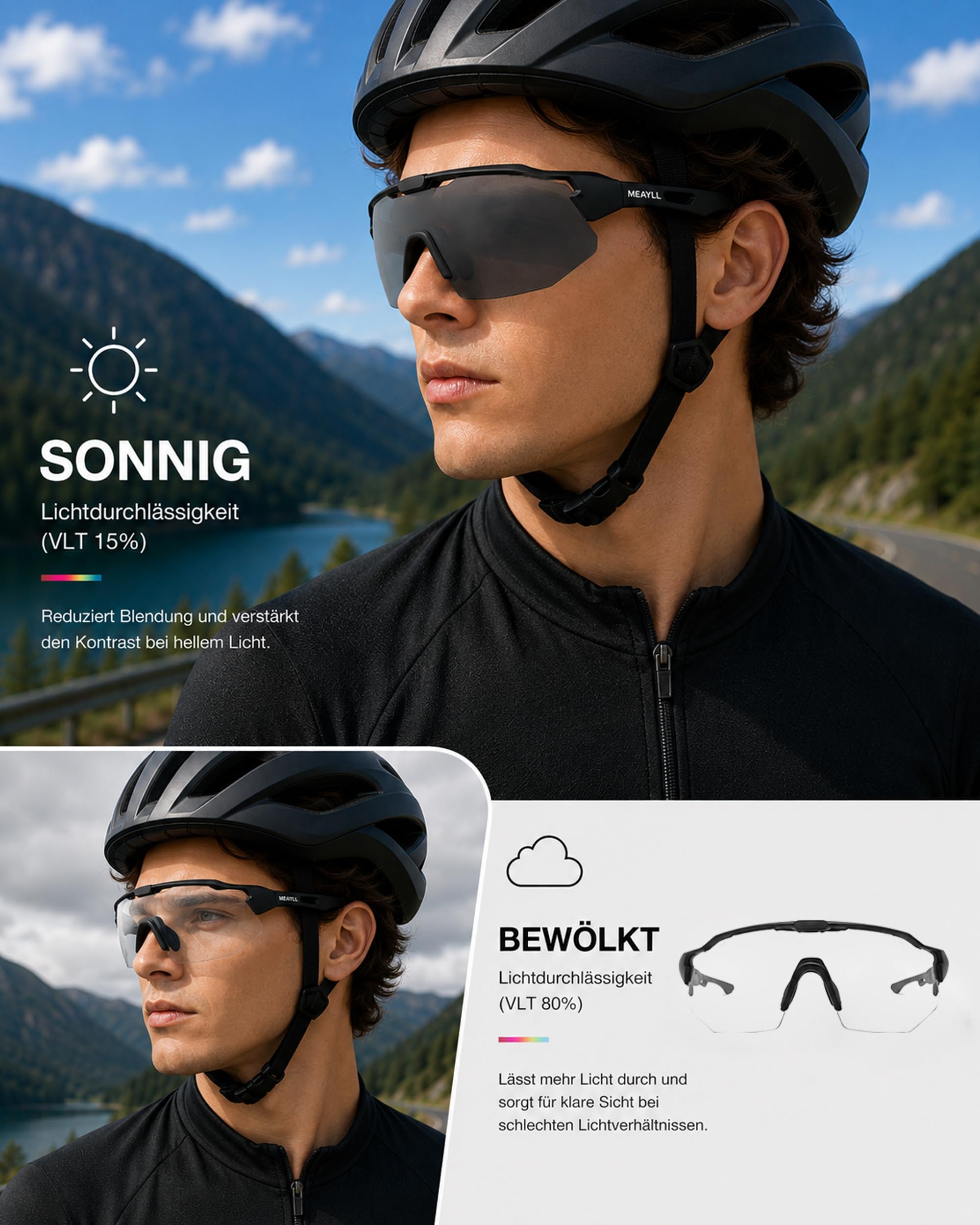Fahrradbrille Herren Damen Selbsttönend, Photochrome Laufbrille UV400 mit Verstellbarem Nasenpad, 27g Leichte TR90 Sportbrille Sonnenbrille Schnelle Brille für Fahrrad, MTB, Outdoor