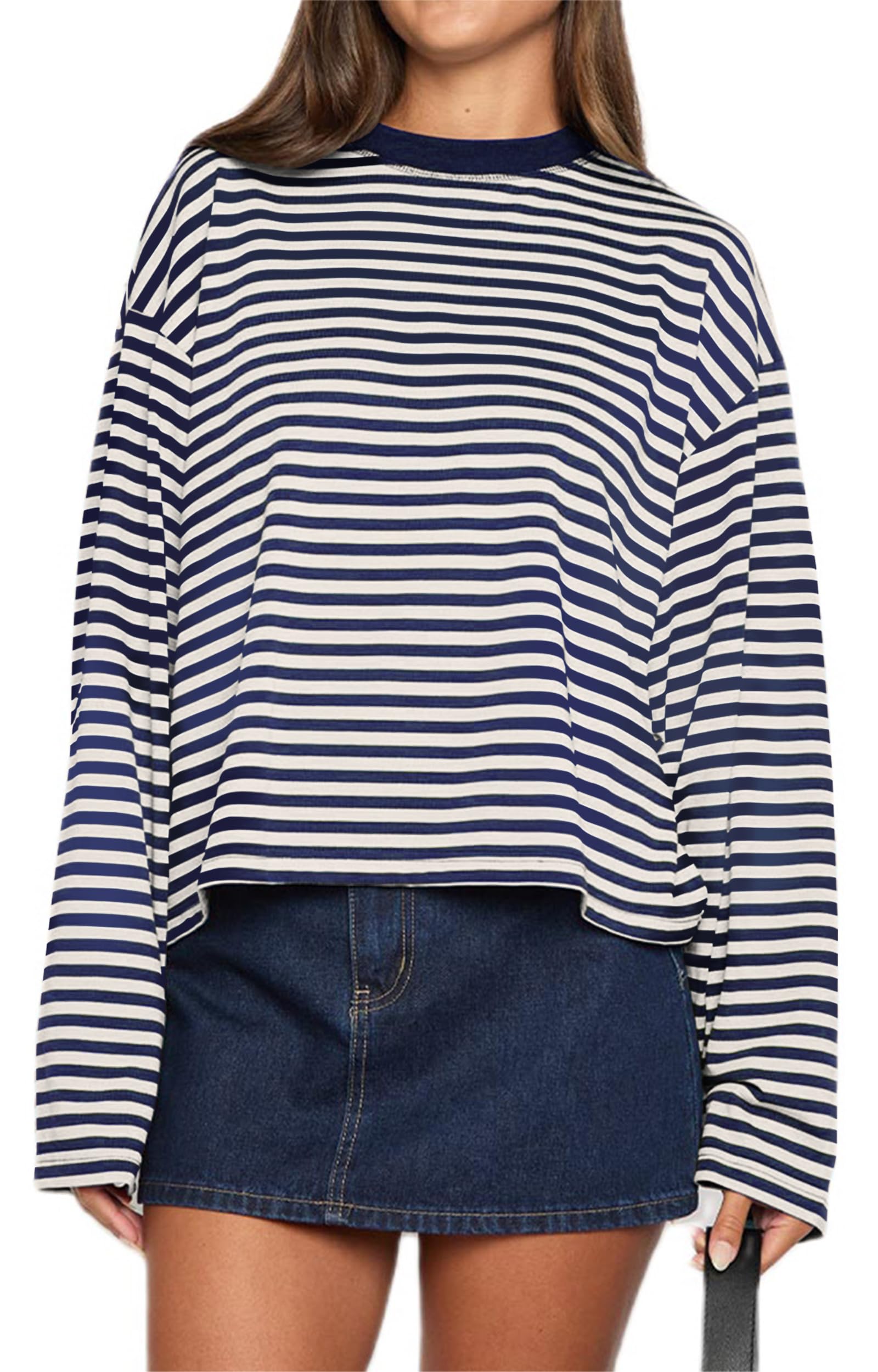 LEBOOBELL Femme Manches Longues à Rayures T-Shirt Pull à col Rond Sweatshirt Ample décontracté pour Printemps été - 2