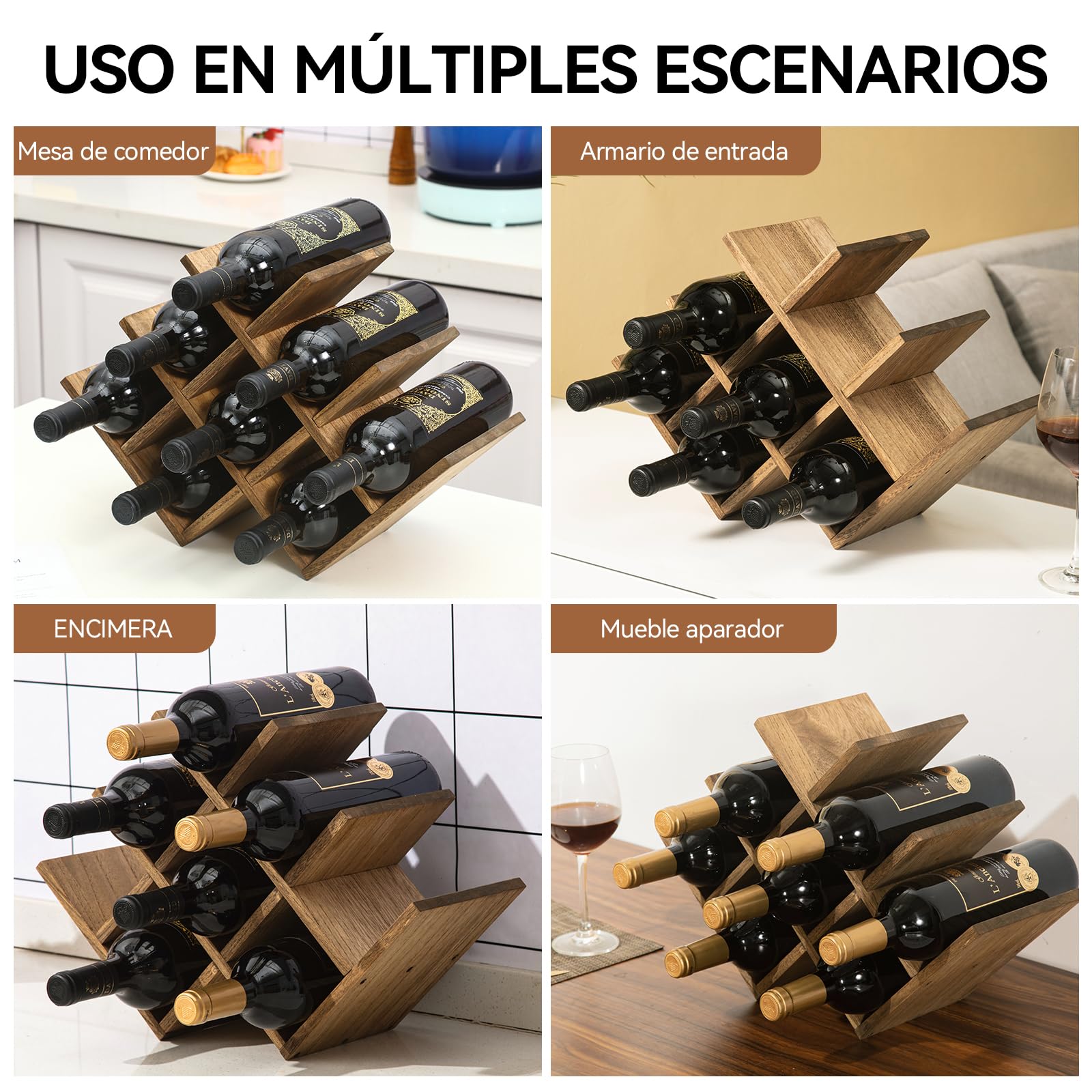 KIRIGEN Wein- & Glas-Organizer aus Holz – Präsentierregal für 8 Flaschen (3-stufig) – Vielseitig für Küche, Esszimmer Oder als Geschenk, Color Marrón