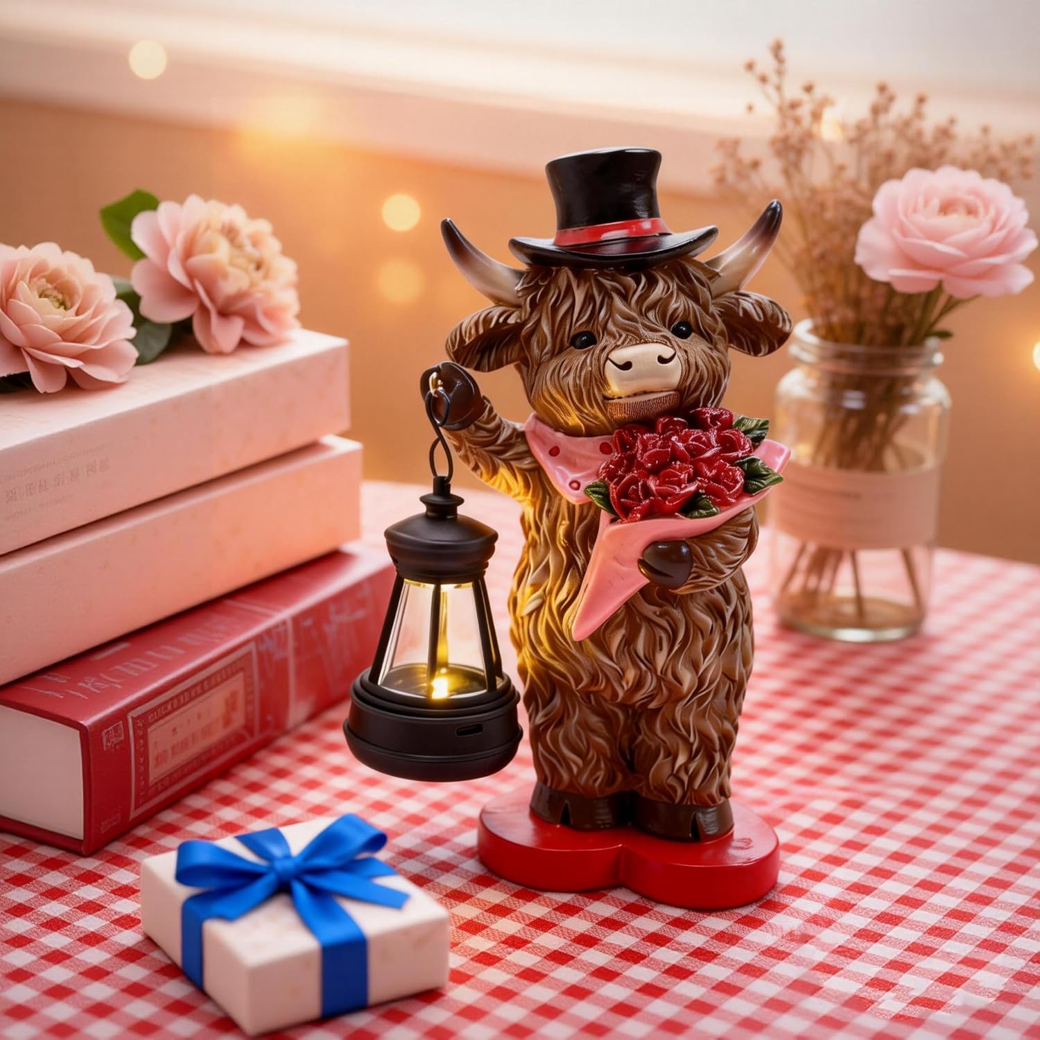 TERESA'S COLLECTIONS 8" Charming Highland Cow Garden Statue with Solar Lantern, Valentine's Day Resin Figurine Holding Roses and Wearing Top Hat, Weatherproof Outdoor Decor, Gifts for Cows Lover