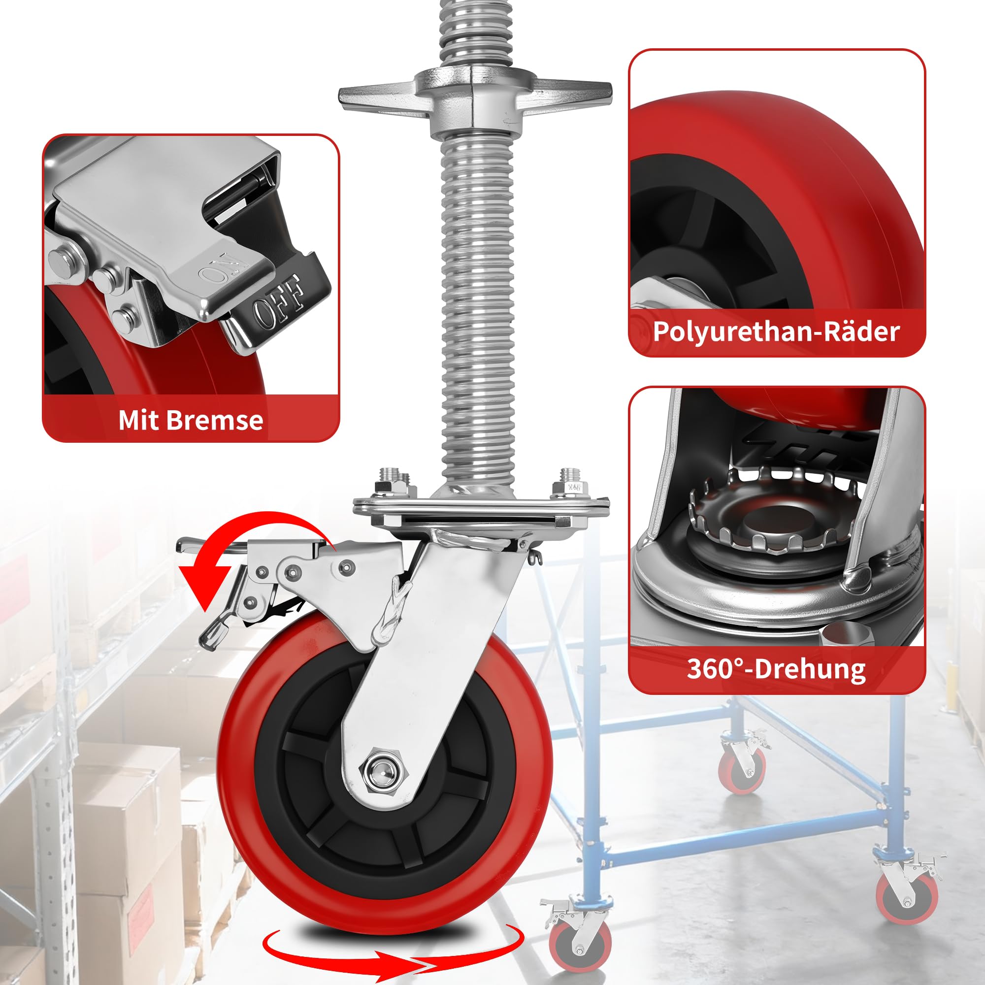 Juego de 4 ruedas para andamios de 6 pulgadas con husillo de acero, ruedas de 150 mm, husillo de andamio, diámetro de 30 mm, ruedas giratorias de 500 kg para andamios