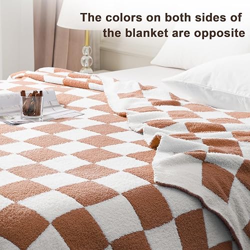 Miniatura 4 de David's Home Manta de punto 100 % chenilla, tamaño individual, ultrasuave, lechosa, acogedora, con patrón clásico de cuadrícula de ajedrez, adecuada