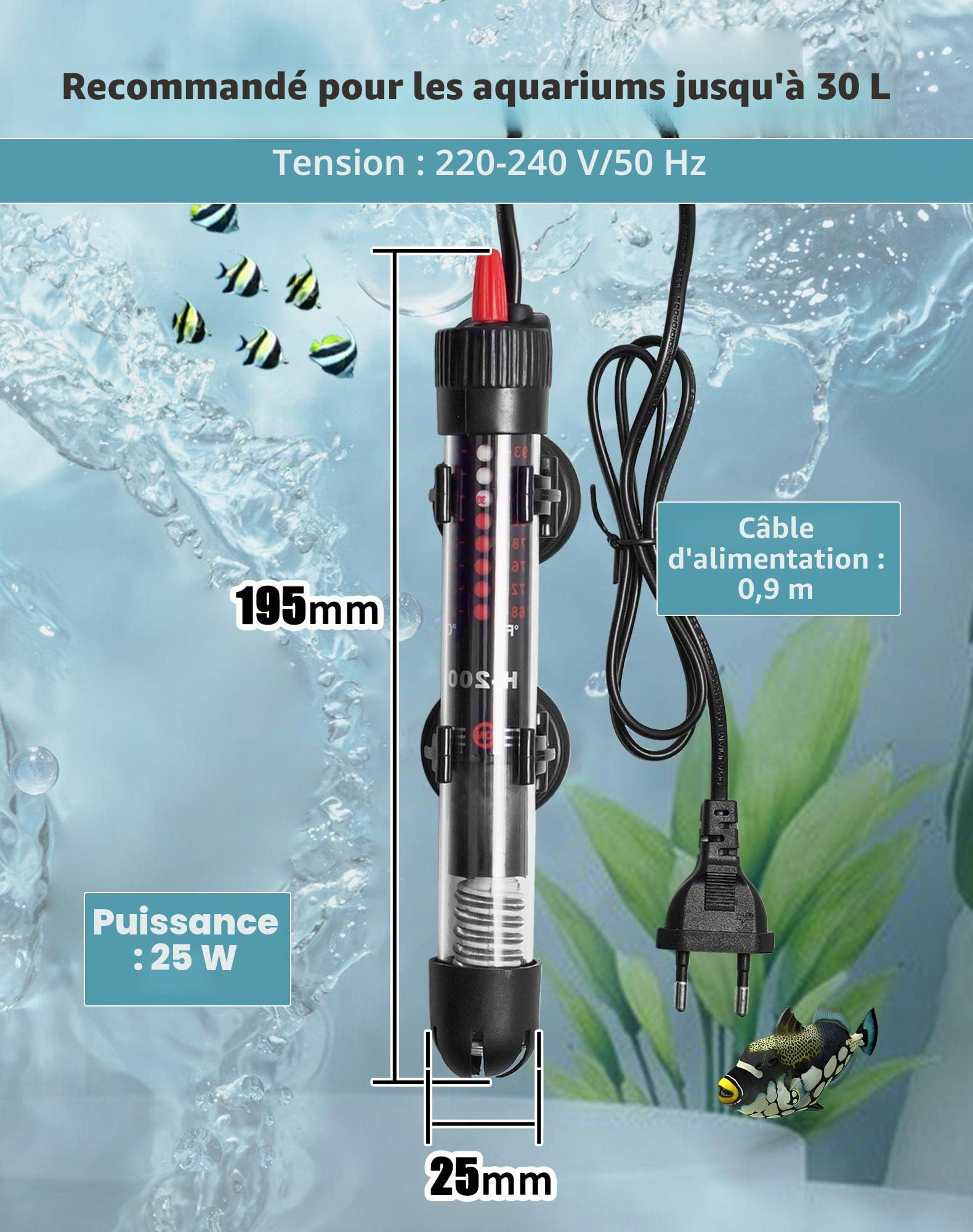 NETONDA Chauffage d'aquarium Réglable 30 l 25 W Résistance Aquarium avec Thermostat 20-34 °C pour Réservoirs à Poissons et Aquarium