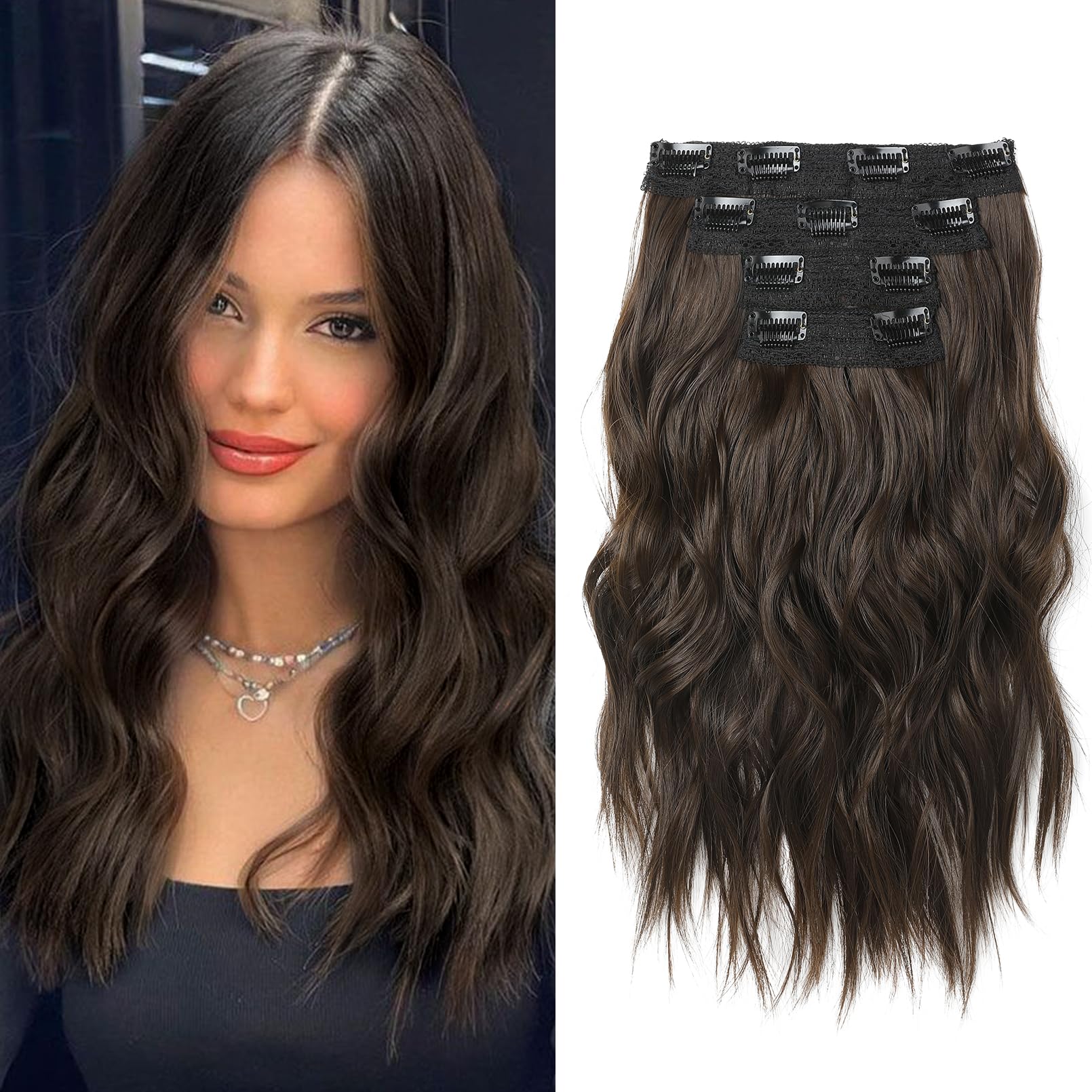 NTYNTY Hair Extensions, 14" Short Clip in Hair Extensions 4PCS Beach Wave Blonde Natural Soft Synthetic Hairpiece for Women - Chocolate Brown