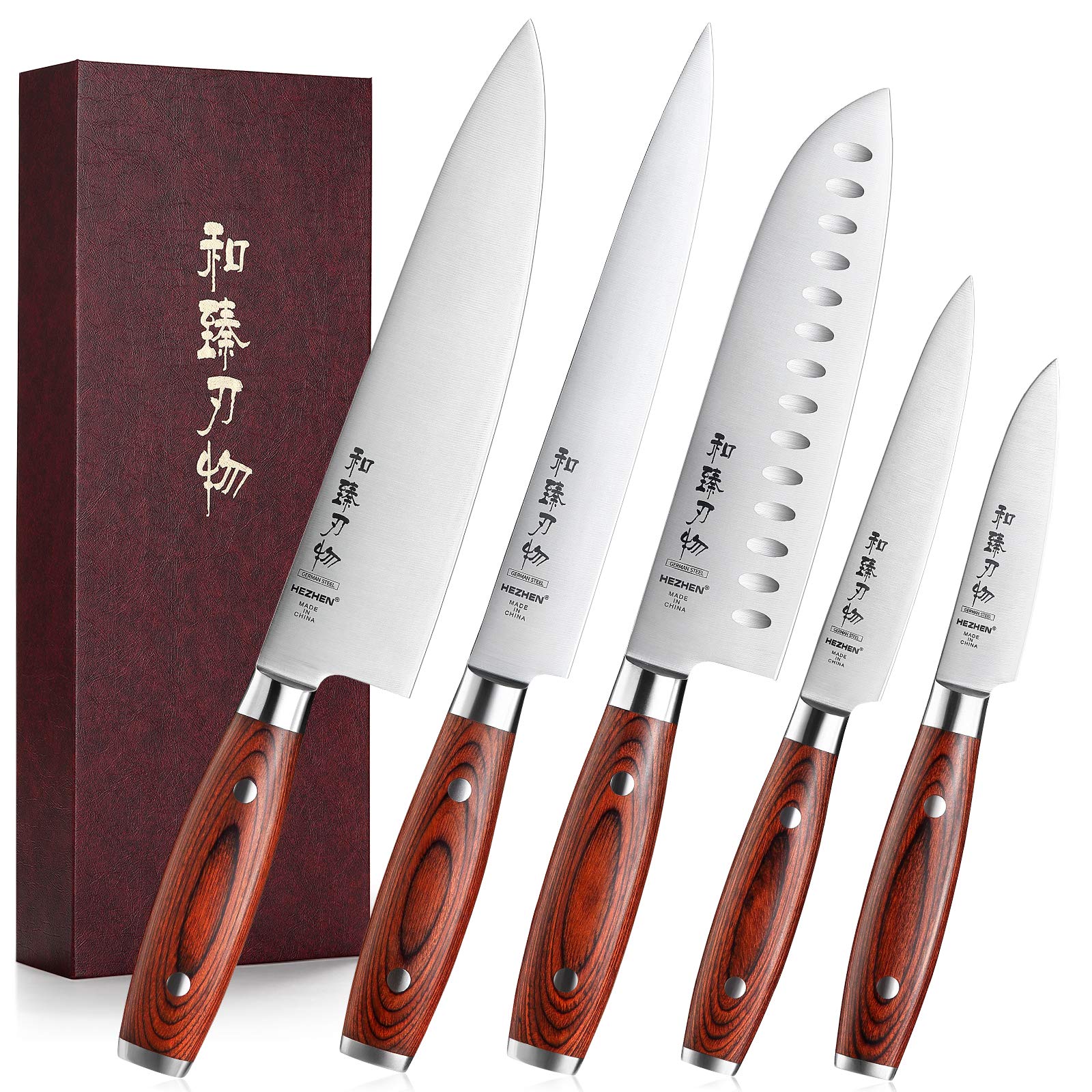 HHEZHEN Kitchen Knives Set 5 piece Ultra Sharp, German 1.4116 Steel, Professional Multipurpose Cooking & Ergonomic HandlePakka Wooden Handle.Basic Series