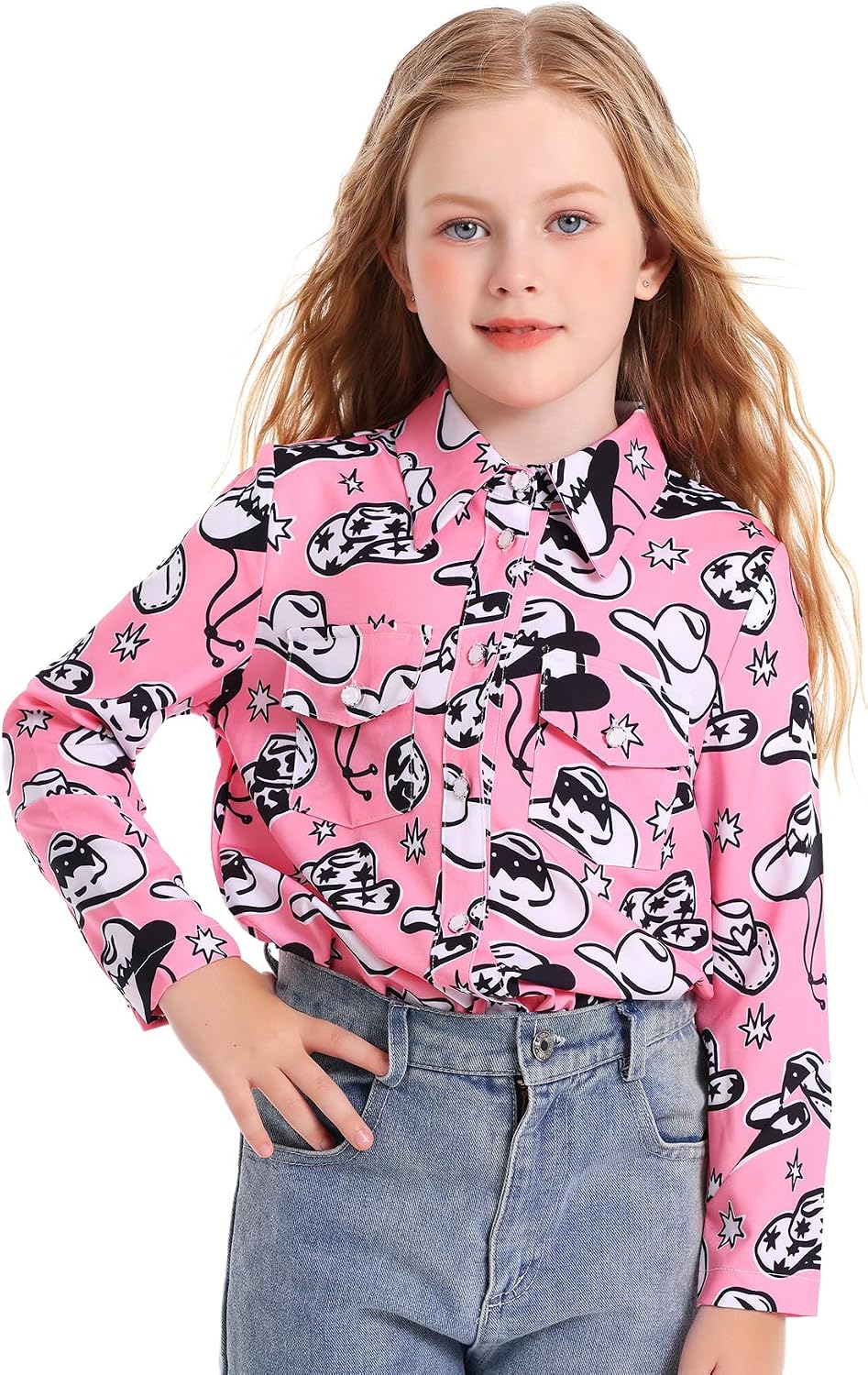 Vackutliv Girls Western Shirt Long Sleeve Collared Retro Button Down Shirts for Teen Cowboy Style Country Outfit