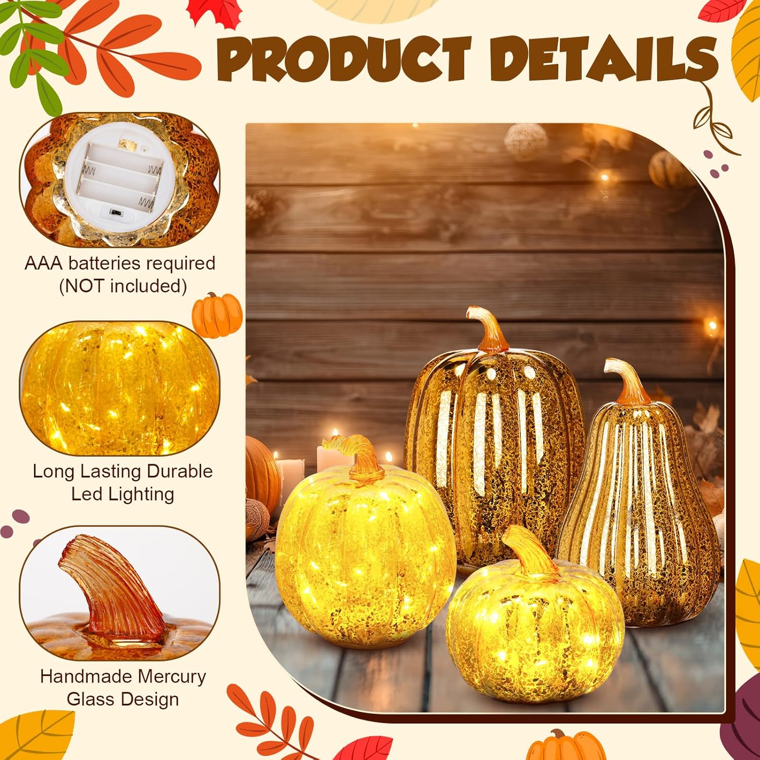 4 Pack Glass Pumpkin with Lights and Timer 4 Size Lighted Mercury Glass Pumpkins for Fall Halloween Thanksgiving Decorations Home Table Centerpieces Porch Battery Operated (Gold)