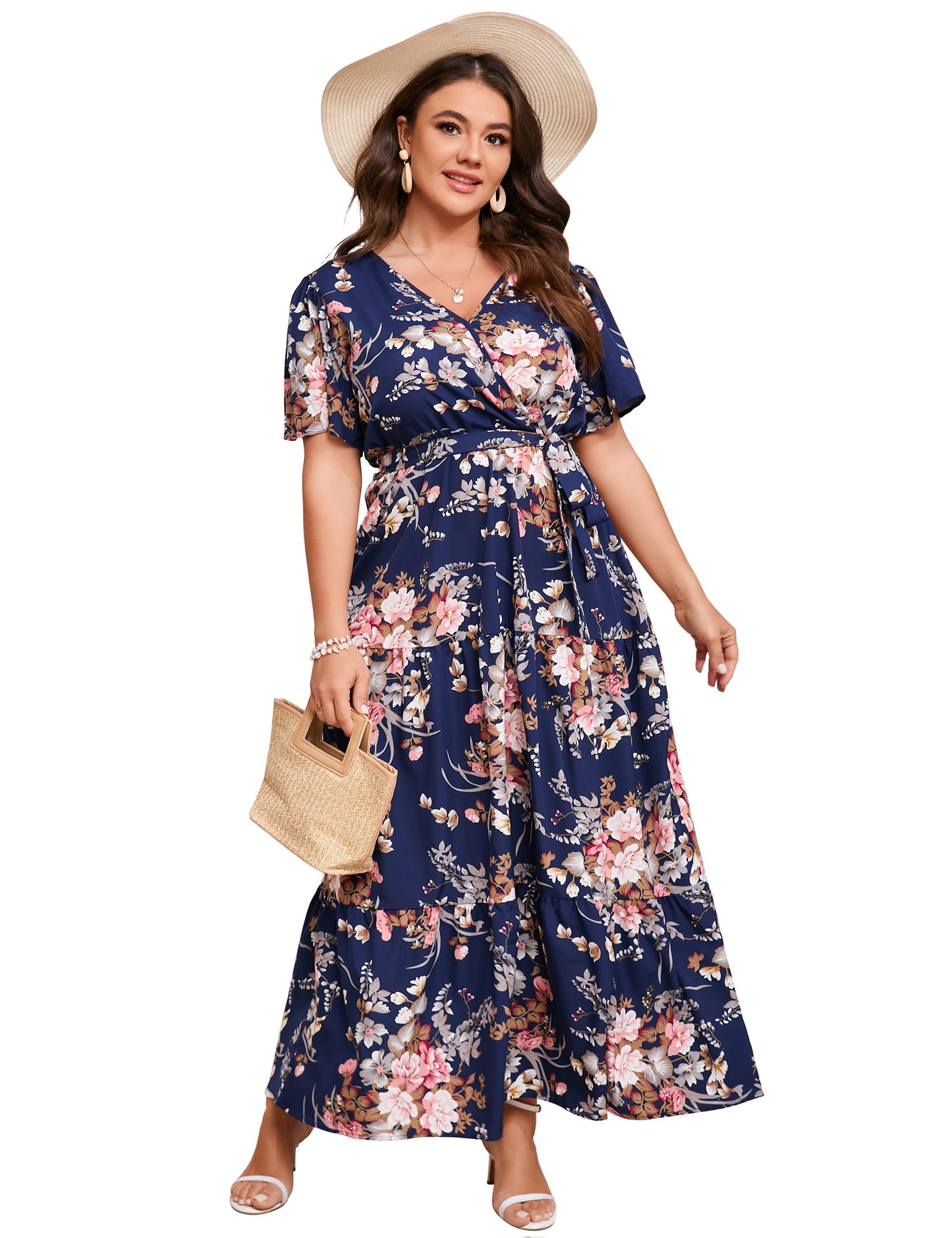 Women Plus Size V Neck Wrap Maxi Dress Short Sleeves High Waist Ruffle Summer Casual Dress with Belt