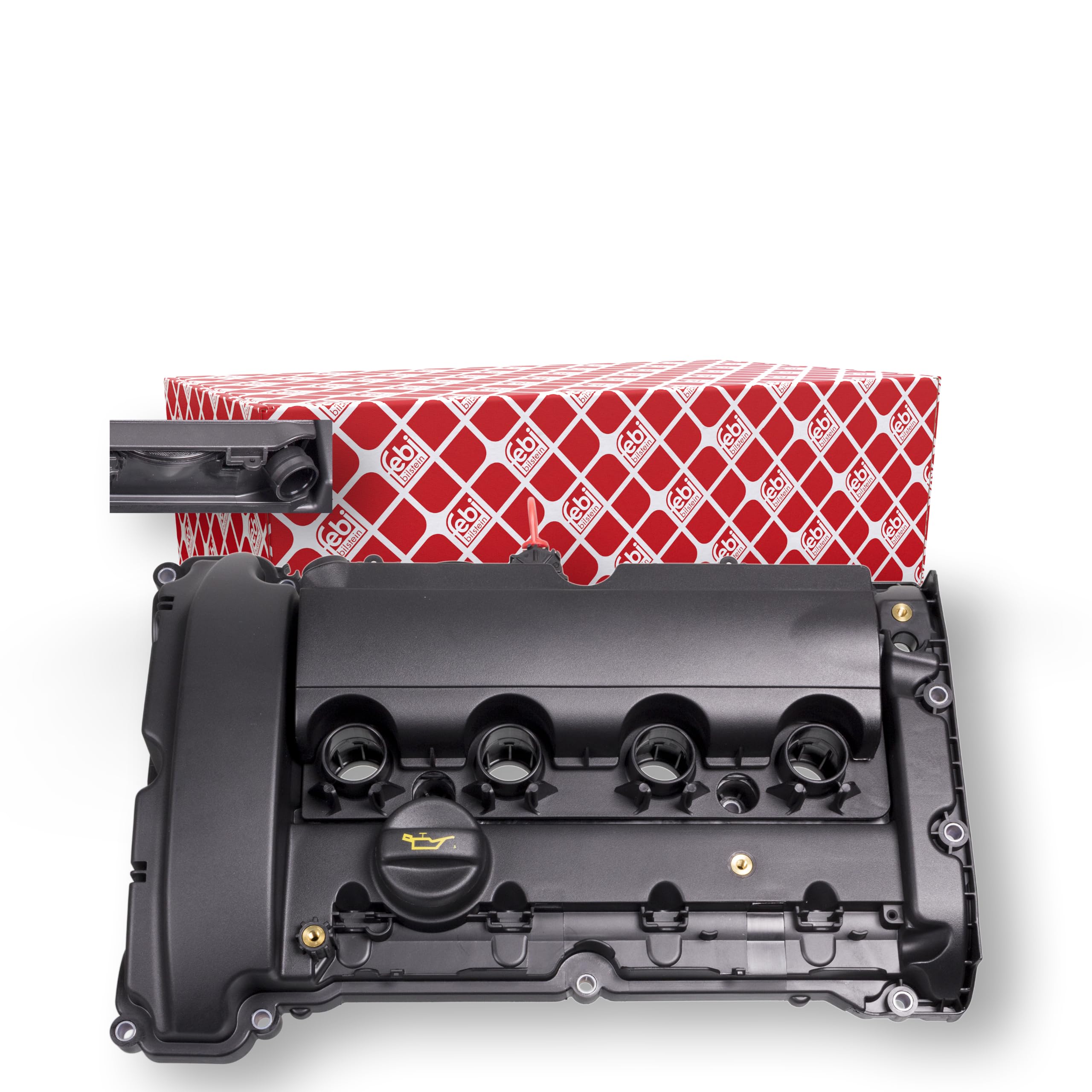 Febi bilstein 102602 Tapa de válvula con válvula de purga y junta, 1 pieza, color negro