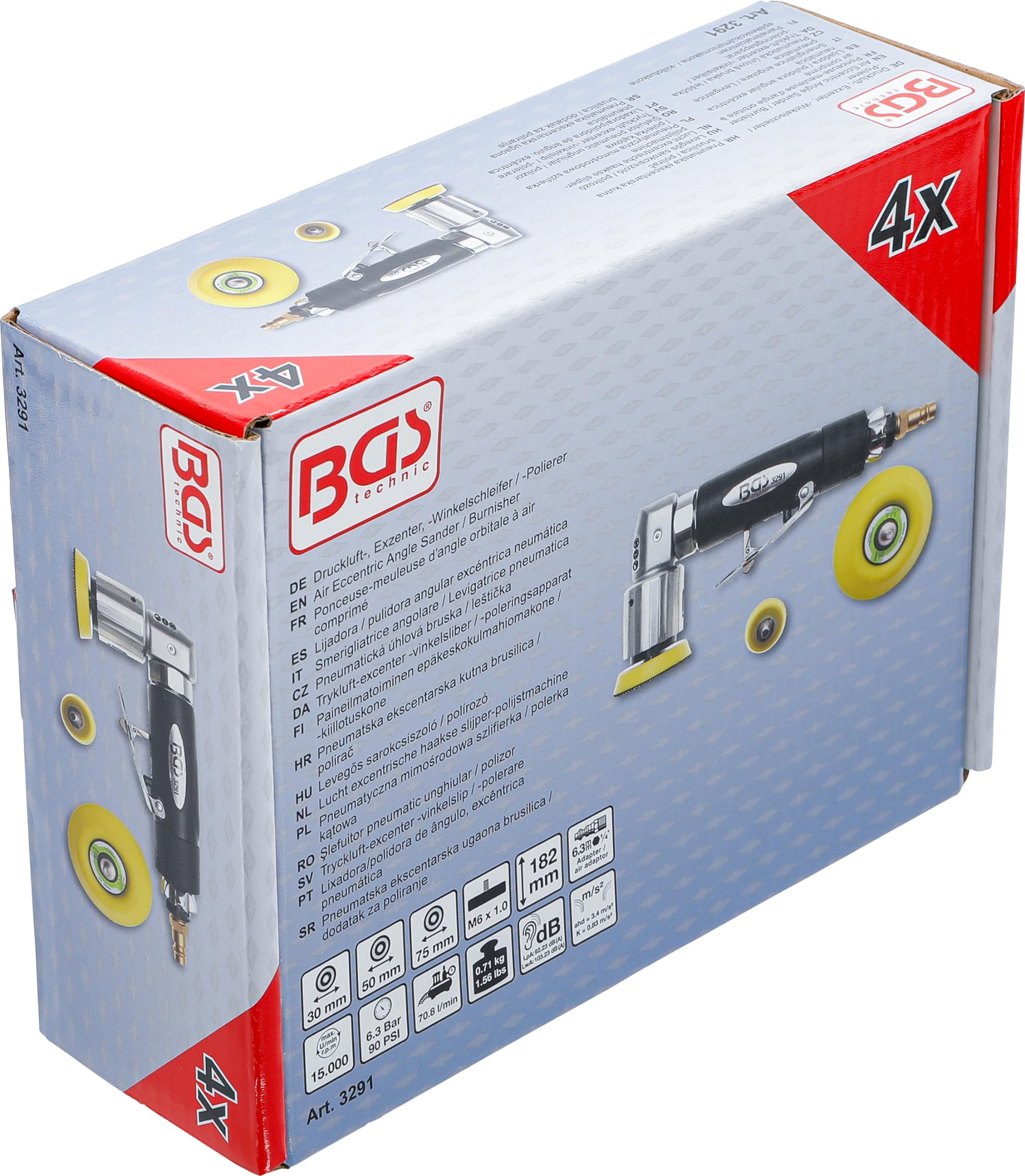 BGS 3291 | Lijadora / pulidora angular excéntrica neumática | M6 x 1,0 vástago | máx. 14000 rpm ajustable | presión de funcionamiento 6,2 bar | consumo de aire Ø 122 l/min
