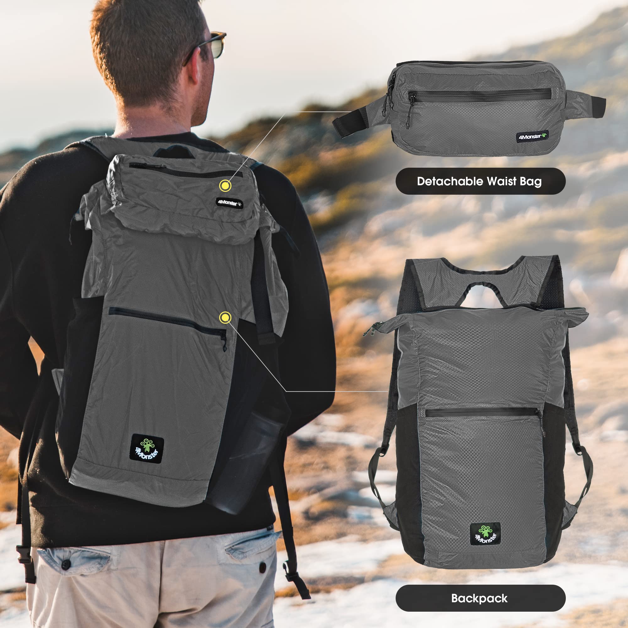 4Monster Zaino da escursionismo, 2 in 1, impermeabile, leggero, portatile, per viaggi, campeggio all'aperto