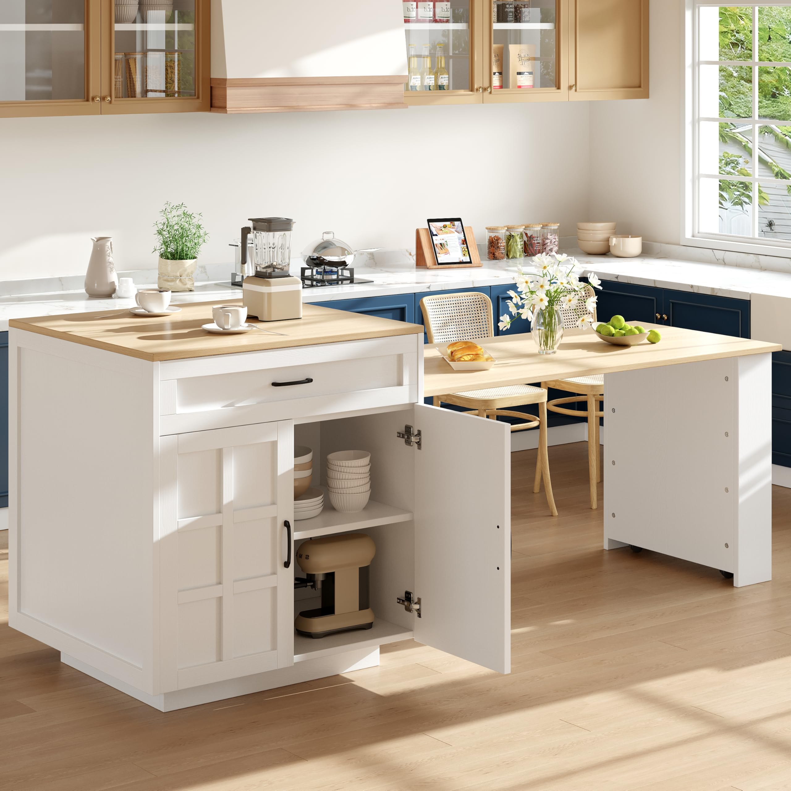Zepneiy Table a Manger Extensible avec Espace de Rangement, Desserte Cuisine avec Deux tiroirs et Quatre Compartiments, Table Extensible pour îlot de Cuisine Blanc (133-202 × 70 × 93,5 cm)