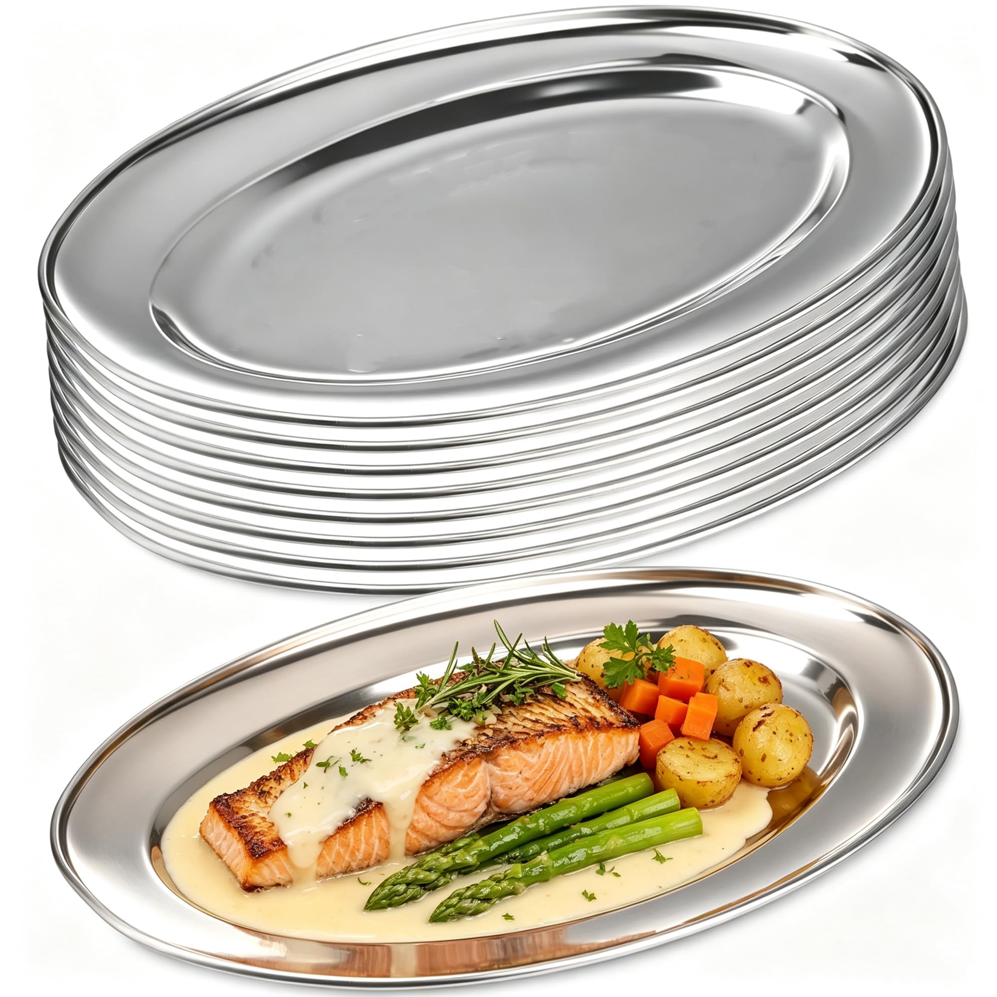 8-Pack Stainless Steel Serving Platters, 34 x 21 cm Oval Serving Trays