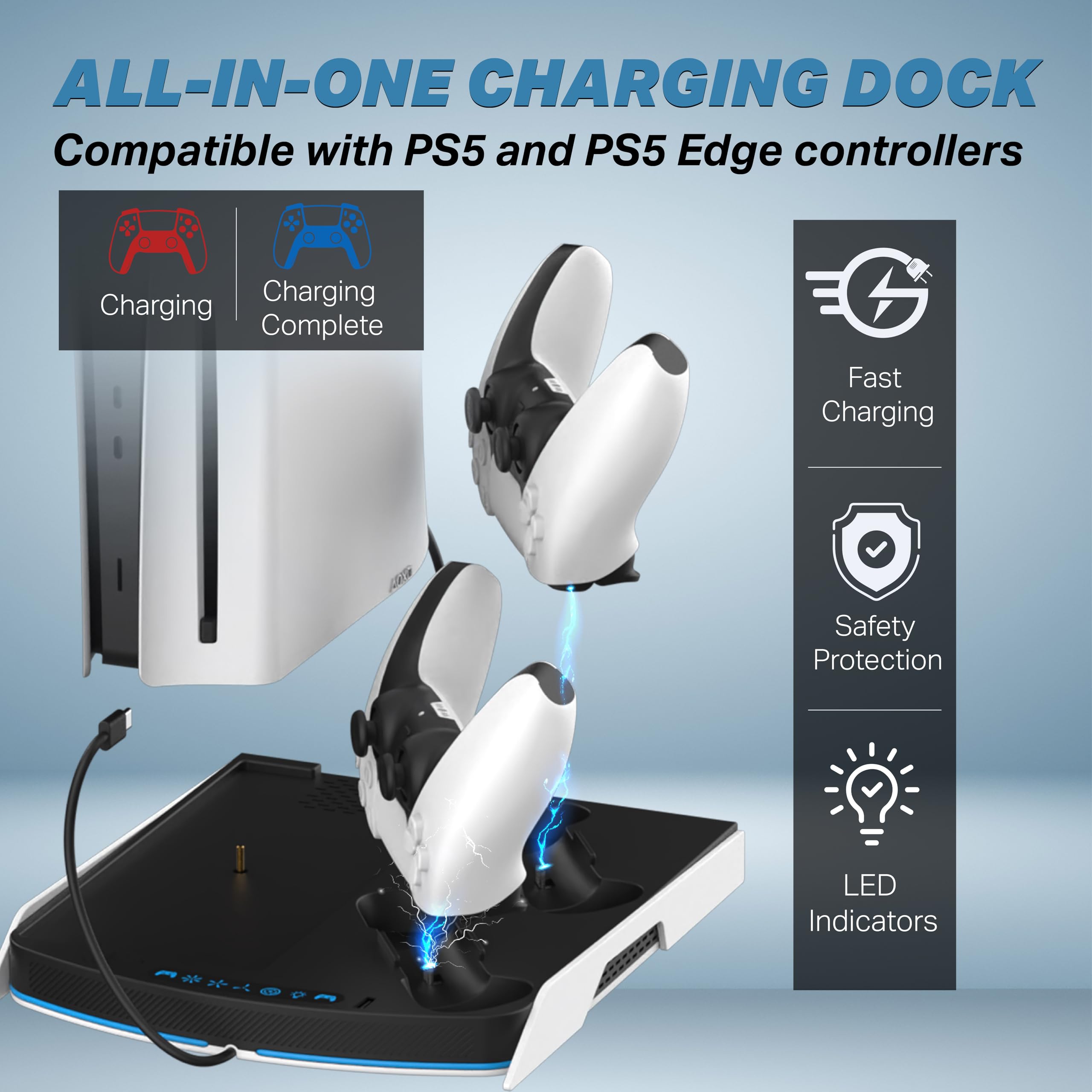 NITHO Supporto PS5 con Ventola di Raffreddamento e Doppia PS5/Edge Controller Charger, Base Verticale Multifunzione Compatibile con PS5/Pro/Slim, con Hub USB e Luci RGB - Accessori PS5