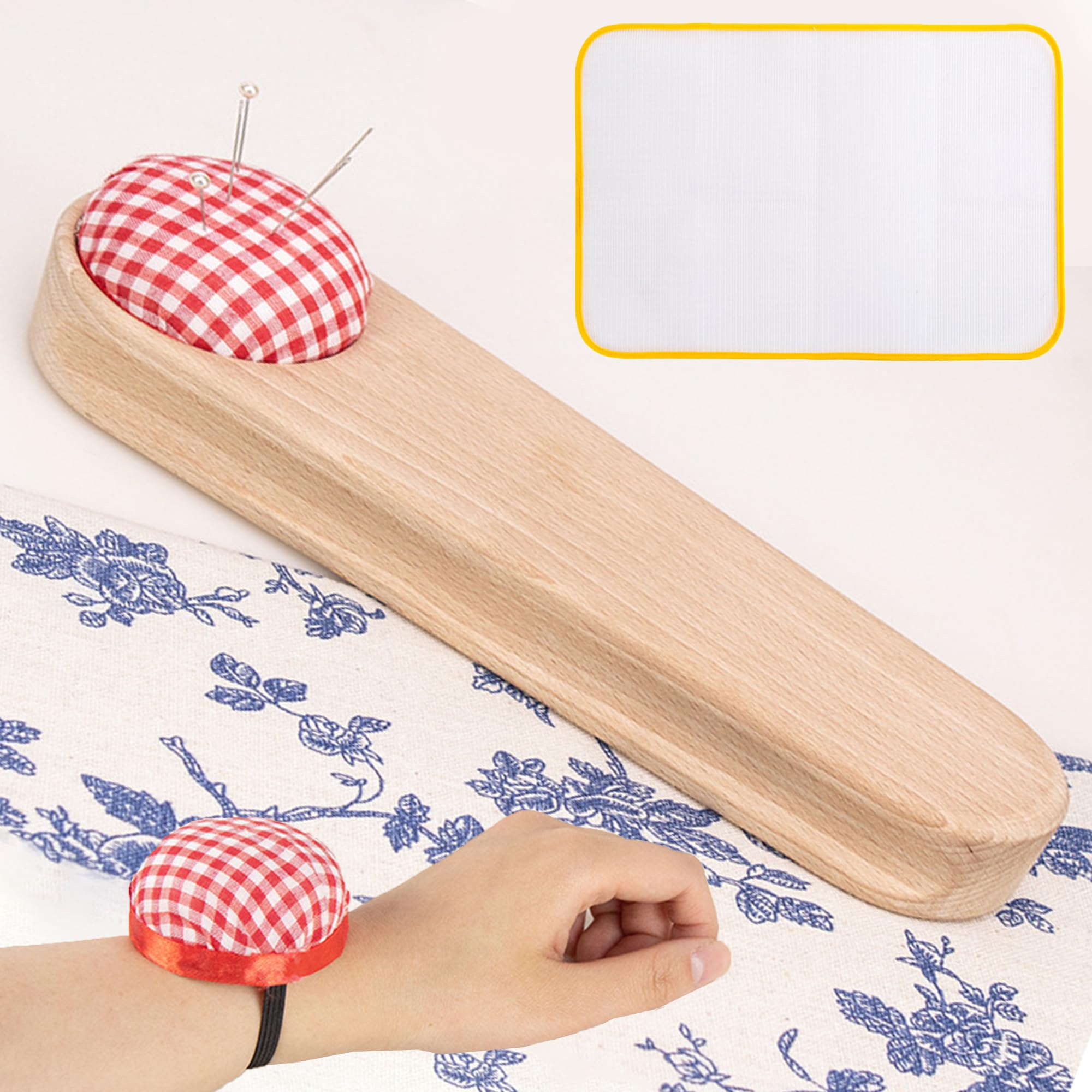 MZSX Ironing Tool Set(1 Ironed Wooden Strip+1 Protective Pads), Hardwood Seam Presser Tool-for Quilting, Sewing & Embroidery, Protective Iron Scorched Mesh Fabric, Multipurpose Sewing Tools