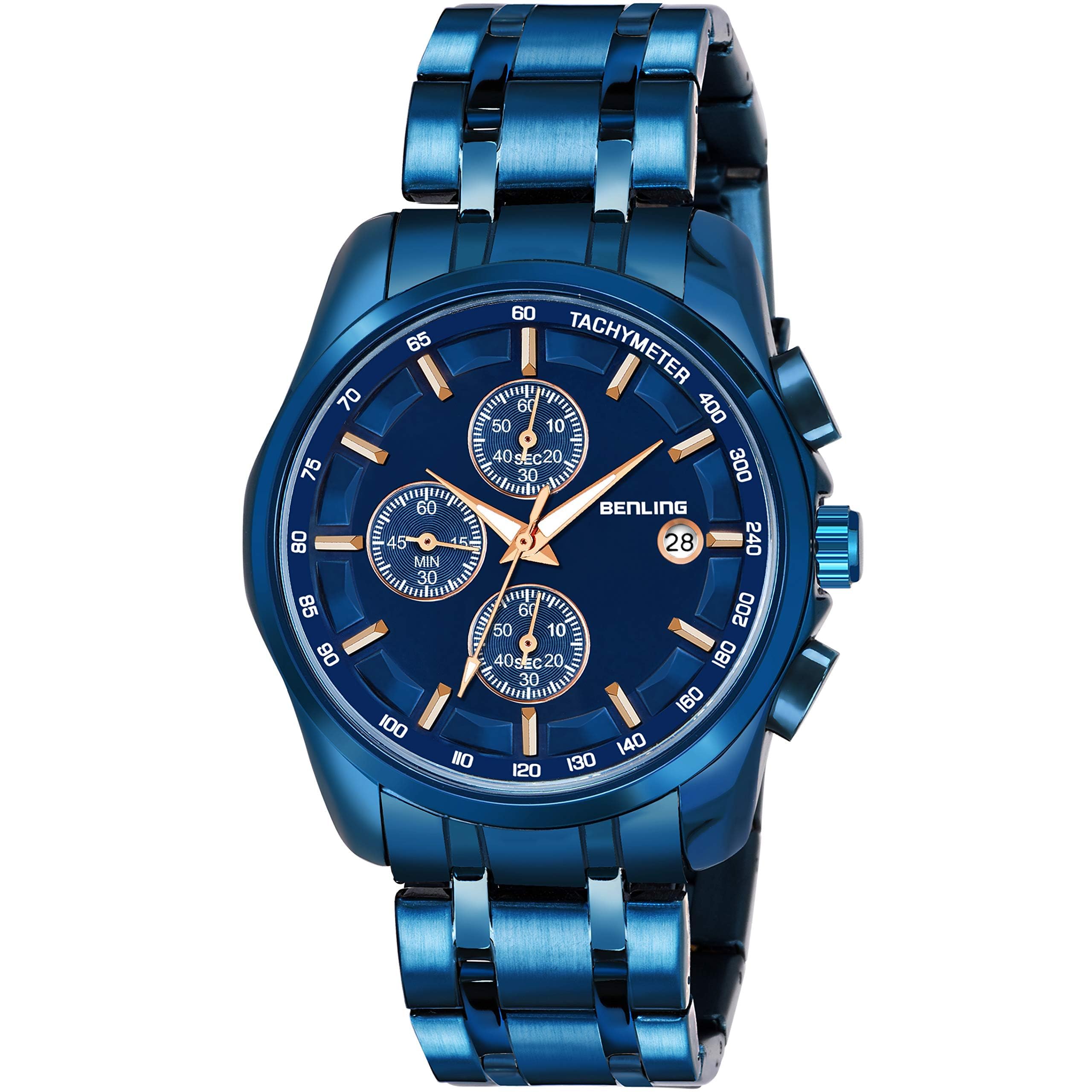 Benling 1008 Chronograph Mens Watch, Business Casual Wear, Stainless Steel, Date Display, Water Resistant 3 ATM (Blue) (B08GCNV3TS) Amazon Price History, Amazon Price Tracker