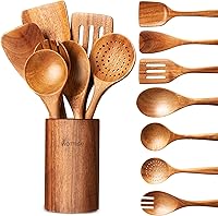 Vista 12 de Cucharas de madera para cocinar, juego de utensilios de cocina de madera de 5 piezas hechos de material de madera maciza natural, incluye cucharas
