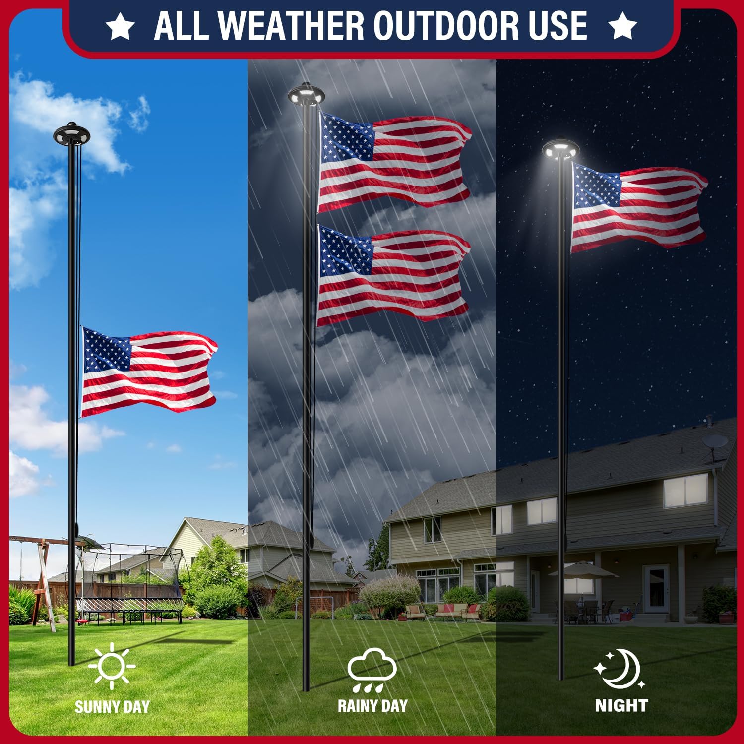 XIFAN Flag Pole Kit with Solar Light, 25 FT 12 Gauge Heavy Duty Aluminum Flagpole in Ground for Outside House, with 128 LEDs Solar Powered Light, Spun American Flag, Residential or Commercial, Black