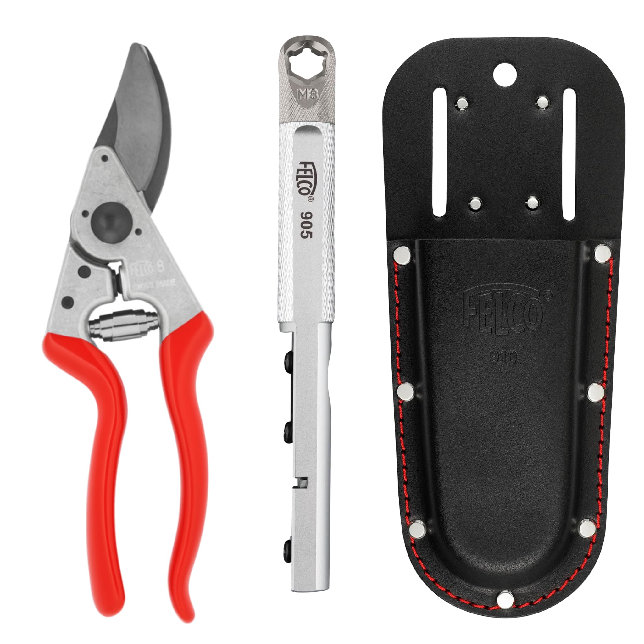 FELCO 8 Profi-Gartenschere Bypass 25 mm für Rechtshänder mit ergonomischem Griff + Lederholster 910 Black + Schärfer 905