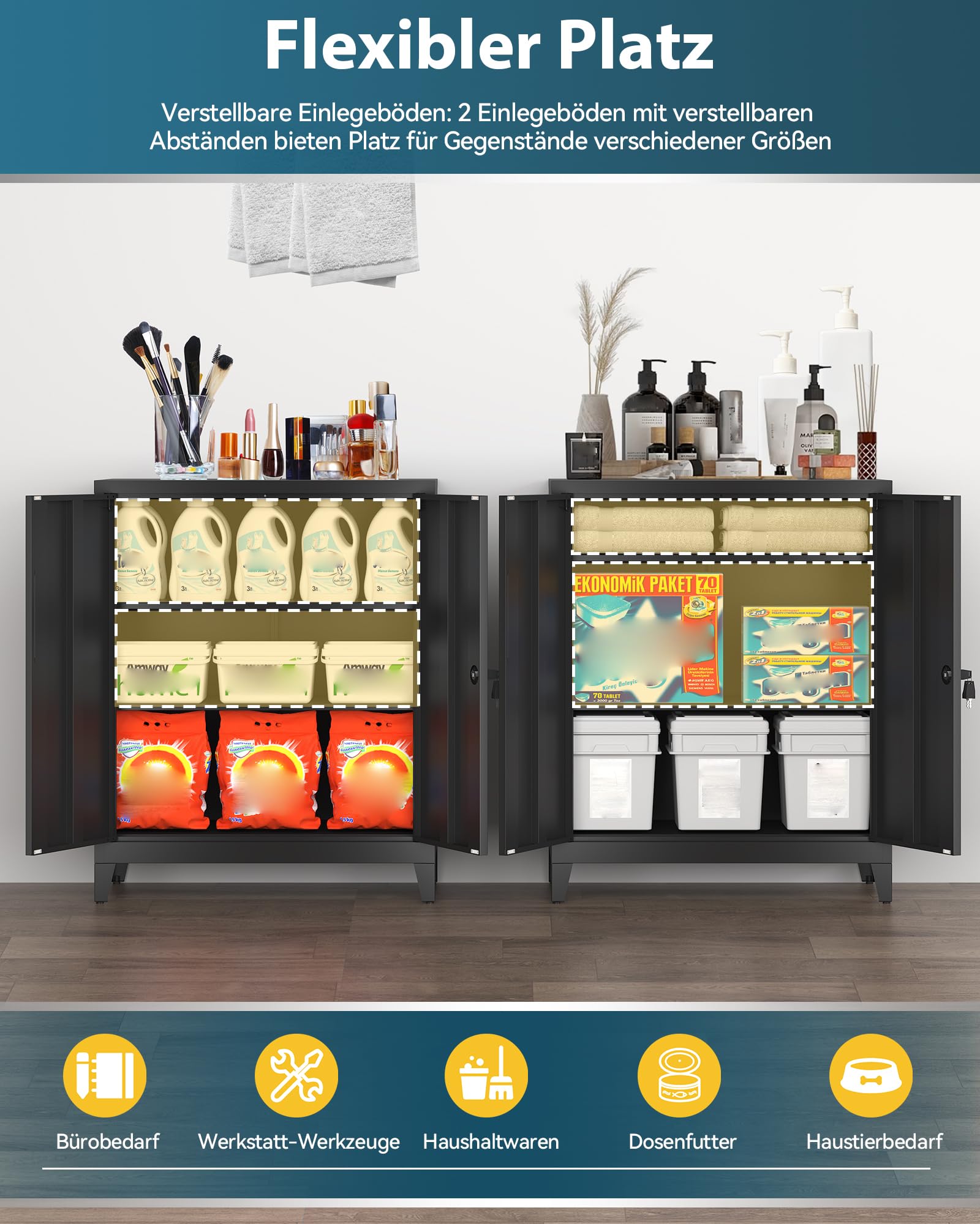 Aktenschrank, abschließbarer Garagenschrank, 2 Ebenen Büroschrank, Werkstattschrank mit verstellbaren Regalen, für Büro, Garage und Hauswirtschaftsraum, 40 x 80 x 100 cm, Schwarz
