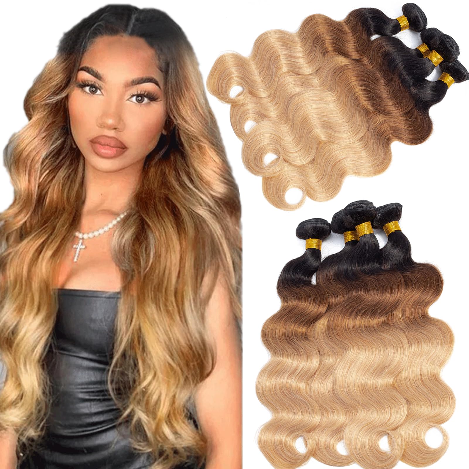 12A Ombre Body Wave Bundles Human Hair (T1B/30/27,18" 20" 22" 24") 100% Real Human Hair 3X Longer Lifespan 100% Unprocessed Ombre Brown Body Wave Human Hair Weave Bundles