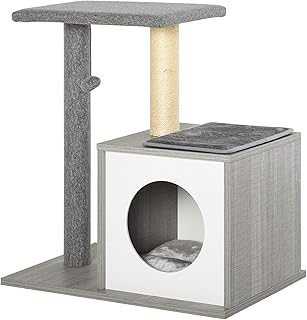 PawHut Cat Tree Condo with Natural Sisal Rope Scratching Post for Pets Multi-Level Cat Tree Activity Center for Kittens Cat Tower Furniture Grey