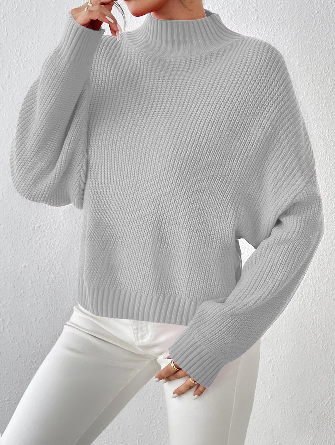 SunnyMelody Womens Cropped Turtleneck Sweater Fall Winter Spring 2025 Trendy Cute Mock Turtle Neck Cozy Soft Ribbed Knit Lightweight Long Sleeve Crop Knitted Pullover Sweaters Jumper Grey XS - Image 5
