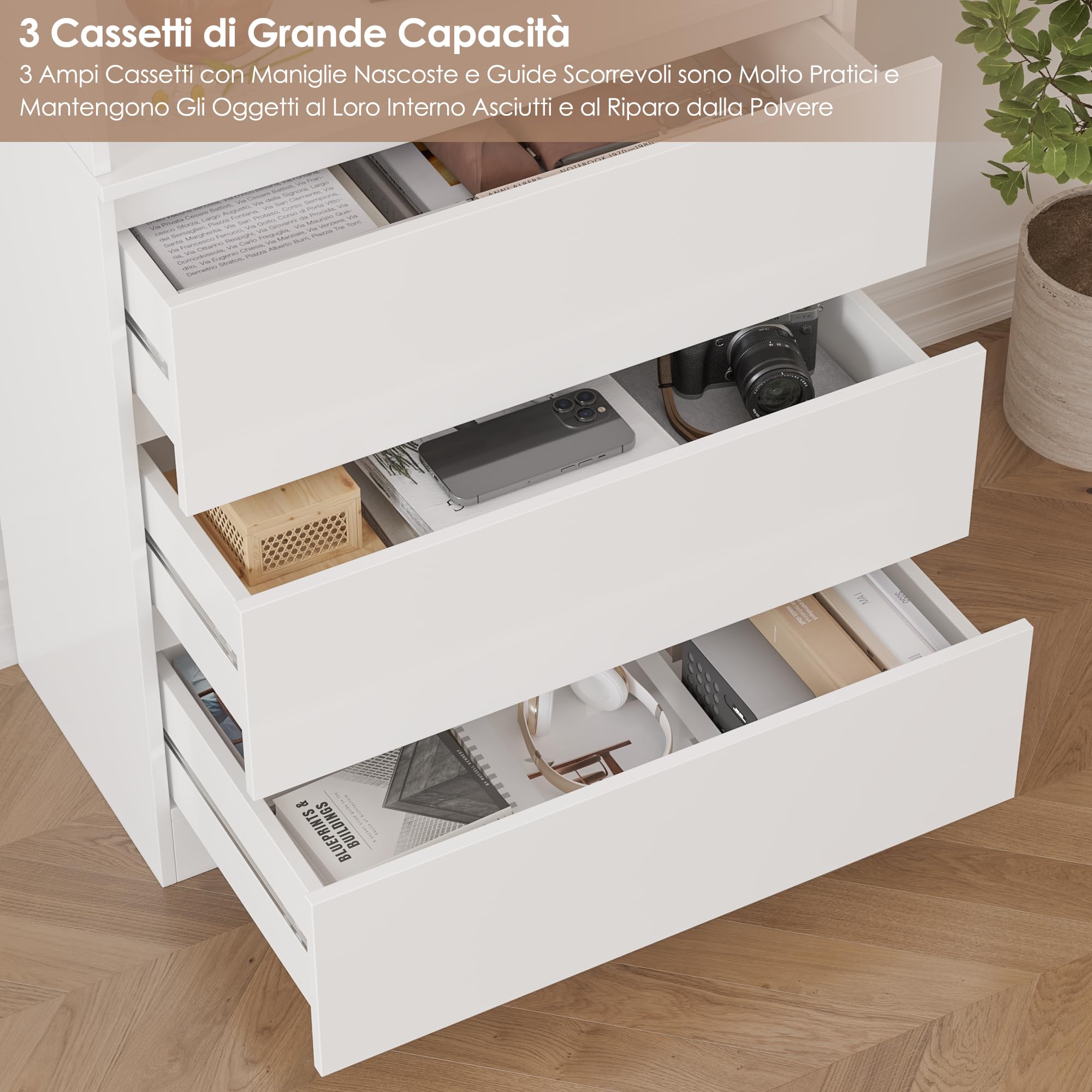 FirFurd 202 cm Libreria, Libreria Verticale con 4 Scomparti Aperti, Bianco | Scaffale Salvaspazio con 3 Cassetti Scorrevoli,Librerie con Ripiani Regolabile,per Studio, Ufficio, Soggiorno,60x35x202 cm