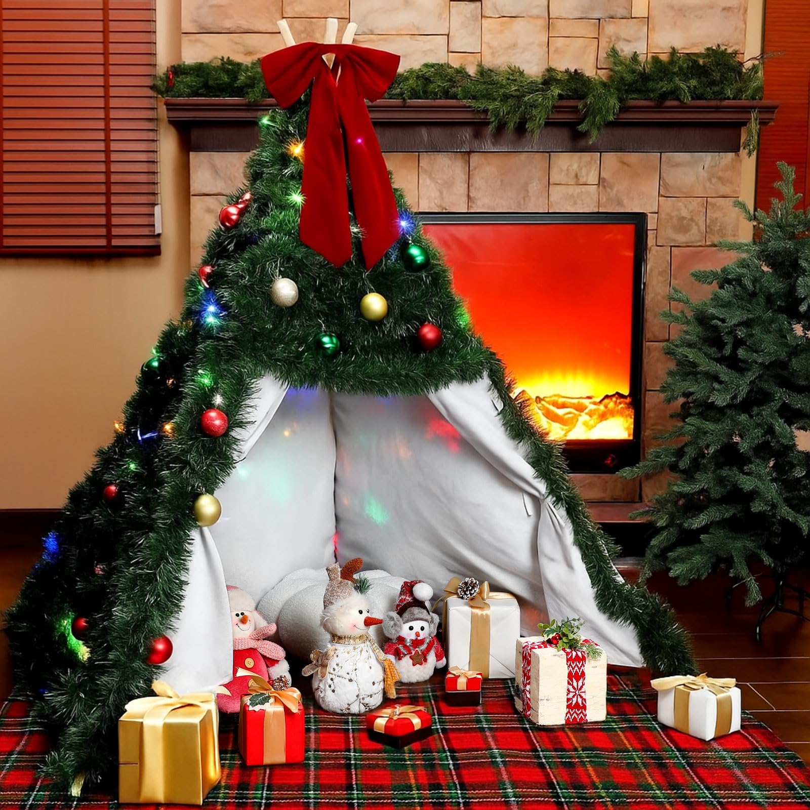RoundFunny Christmas Tree Play Tent Set, 5 ft Teepee Tent, 164 ft Green Tinsel Garland, 18 Christmas Balls, 80 LED String Lights with Red Bow, Xmas Theme Playhouse for Indoor Outdoor Decor