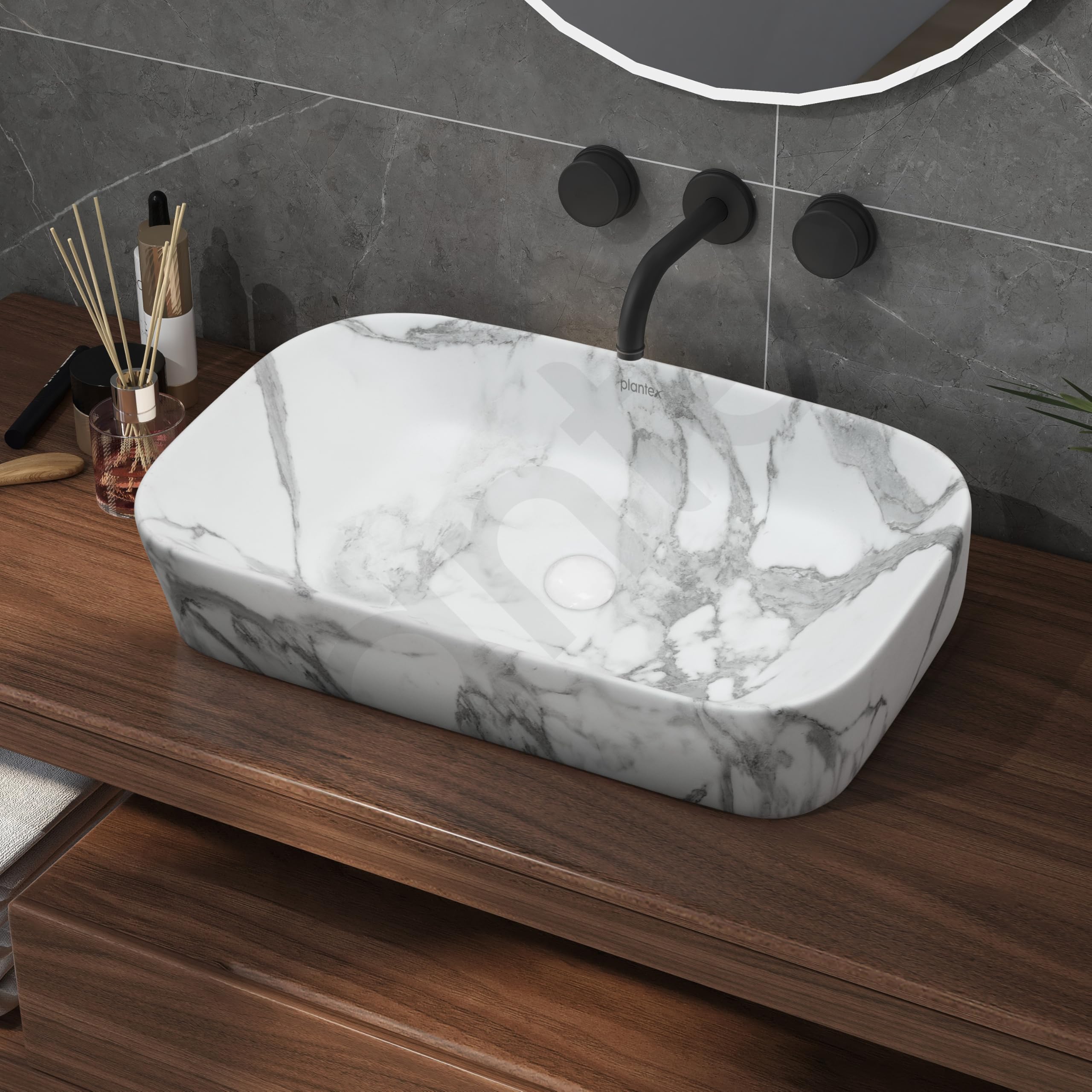 Plantex Ceramic Tabletop Washbasin for Bathroom/Designer Counter Top Hand Wash Basin/Rectangle Bathroom sink for Home/Office (21.5x14x5 Inch -Marble Finish) - Image 6 thumbnail
