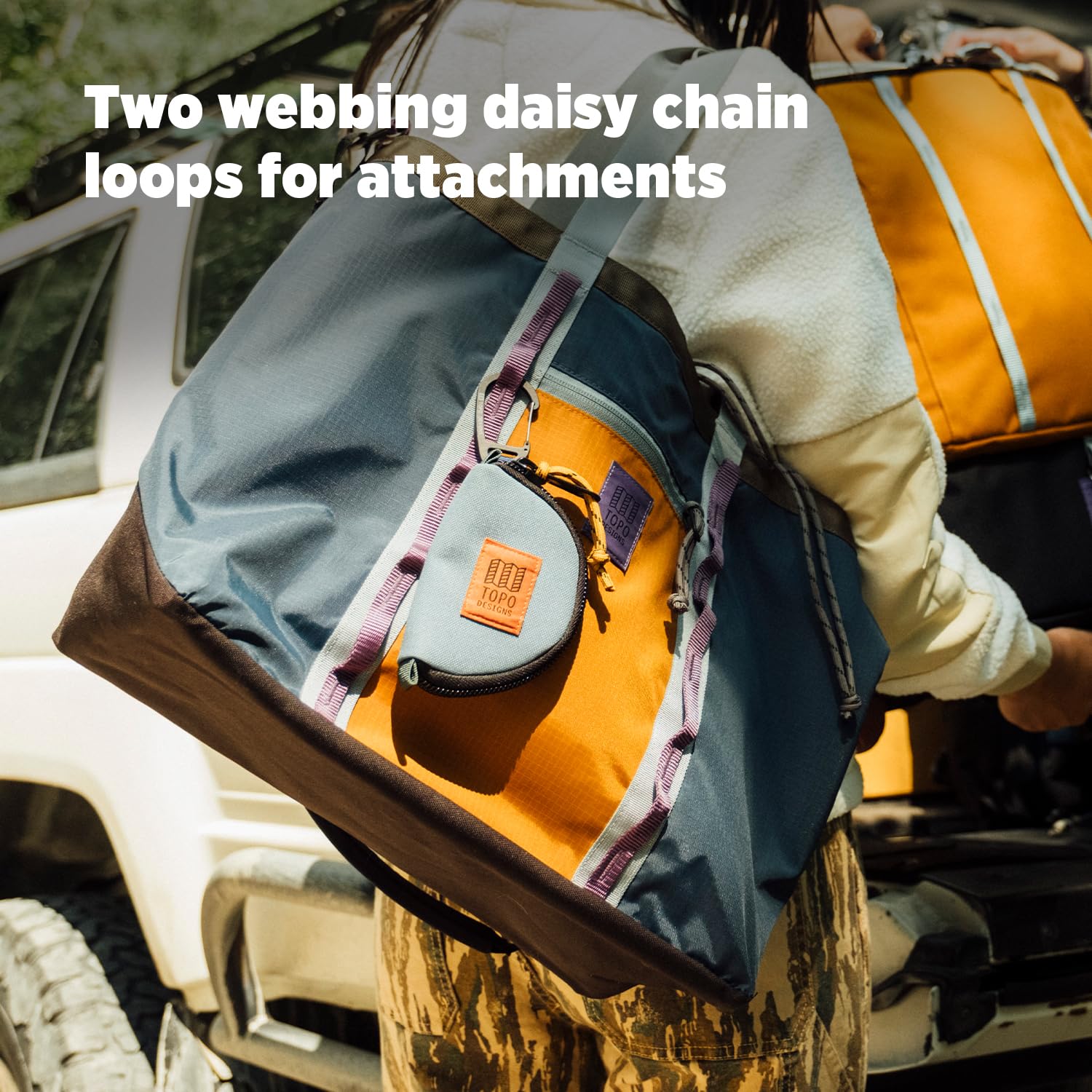 Topo Designs Mountain Utility Tote, Grab + Go Bag, abnehmbarer Schultergurt, Cinch-Top, Gänseblümchen-Kette zum Anklipsen, Fair Trade