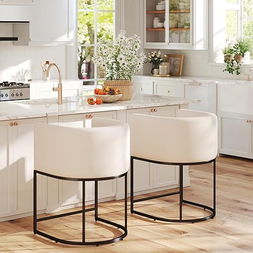 Miniatura 7 de HNY Modern Counter Height Linen Fabric Upholstered Counter Stools Set of 2, 24 Inch Kitchen Island Stool with Black Tubular Frame, Cream 24 pulgadas