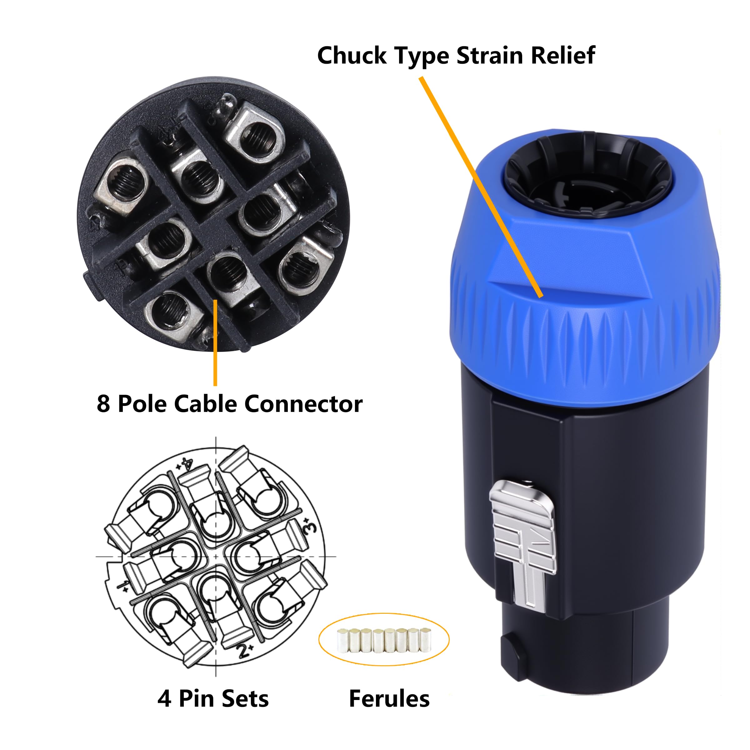 HBU Kit di spine per altoparlante amplificatore audio professionale, connettore Speakon a 4 poli e presa femmina per montaggio a pannello, compatibile con Neutrik NL4FC, NL4FX, NLT4X, NL2FC (spina a 8