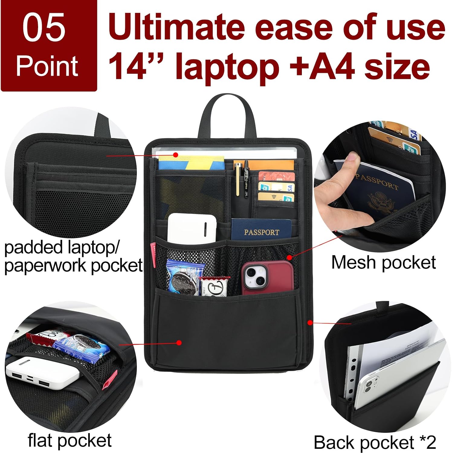 Stiff Backpack Insert Organizer for Men Women Bag In Bag,Thin Water-repellent Nylon 13.7''x10.2''x2''-Black