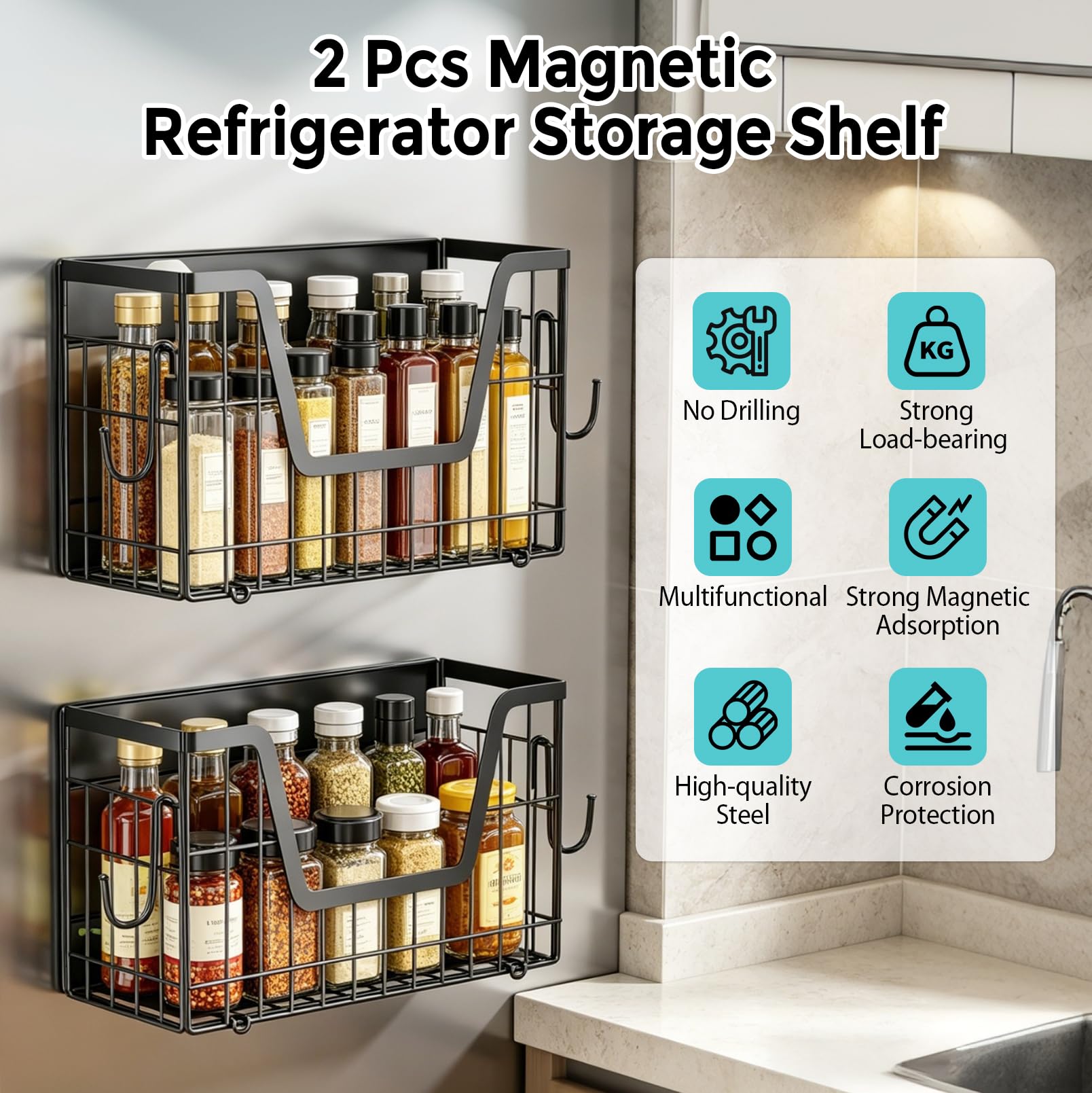 2 Stück Magnetische Kühlschrank Ablage | Klappbares Regal Magnetisch , Magnetische Lagerregal ohne Bohren mit Haken