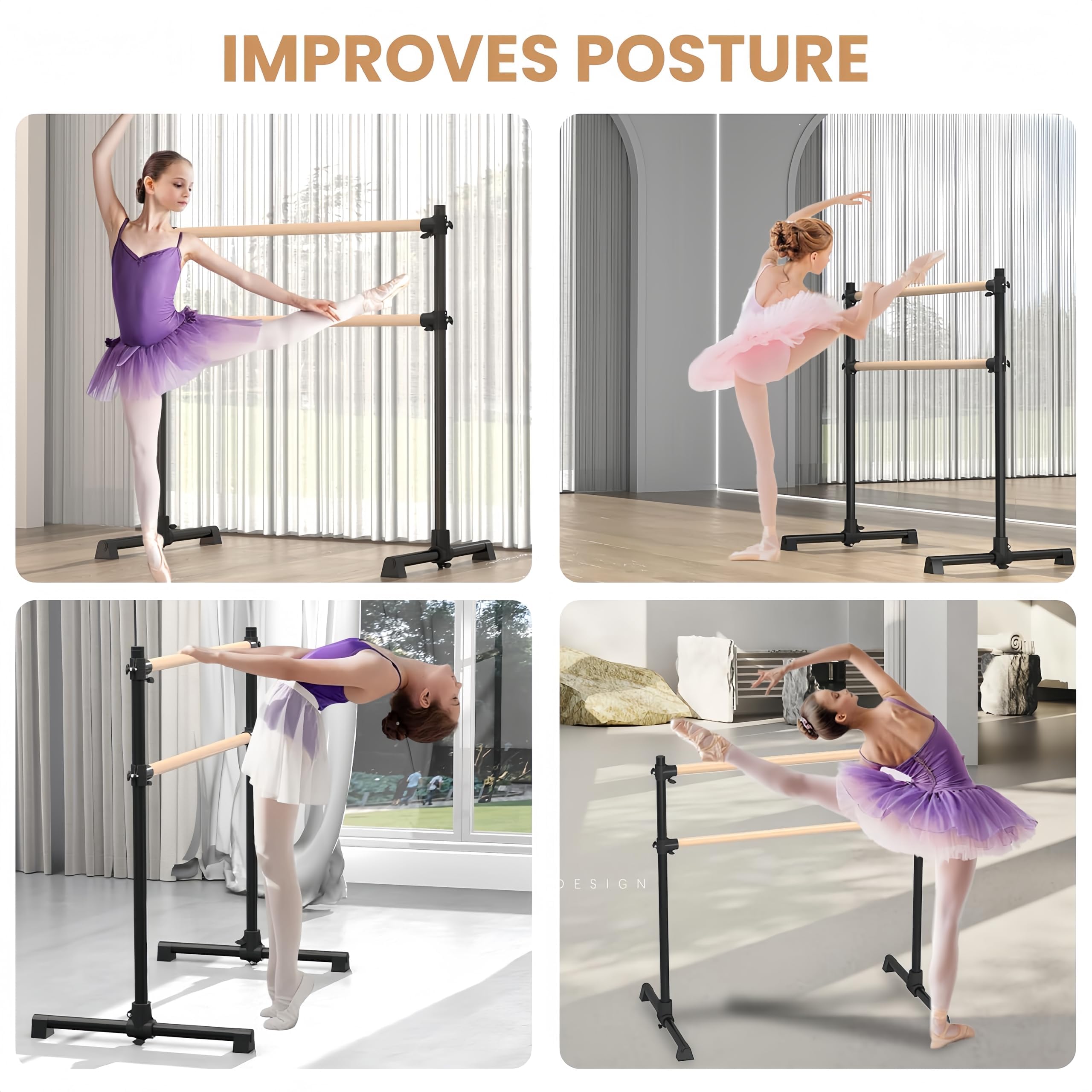WUDLEP Barre De Ballet Portable Double – Hêtre Et Métal, Hauteur Réglable 4 Niveaux, Antidérapante, Pour Adultes Et Enfants