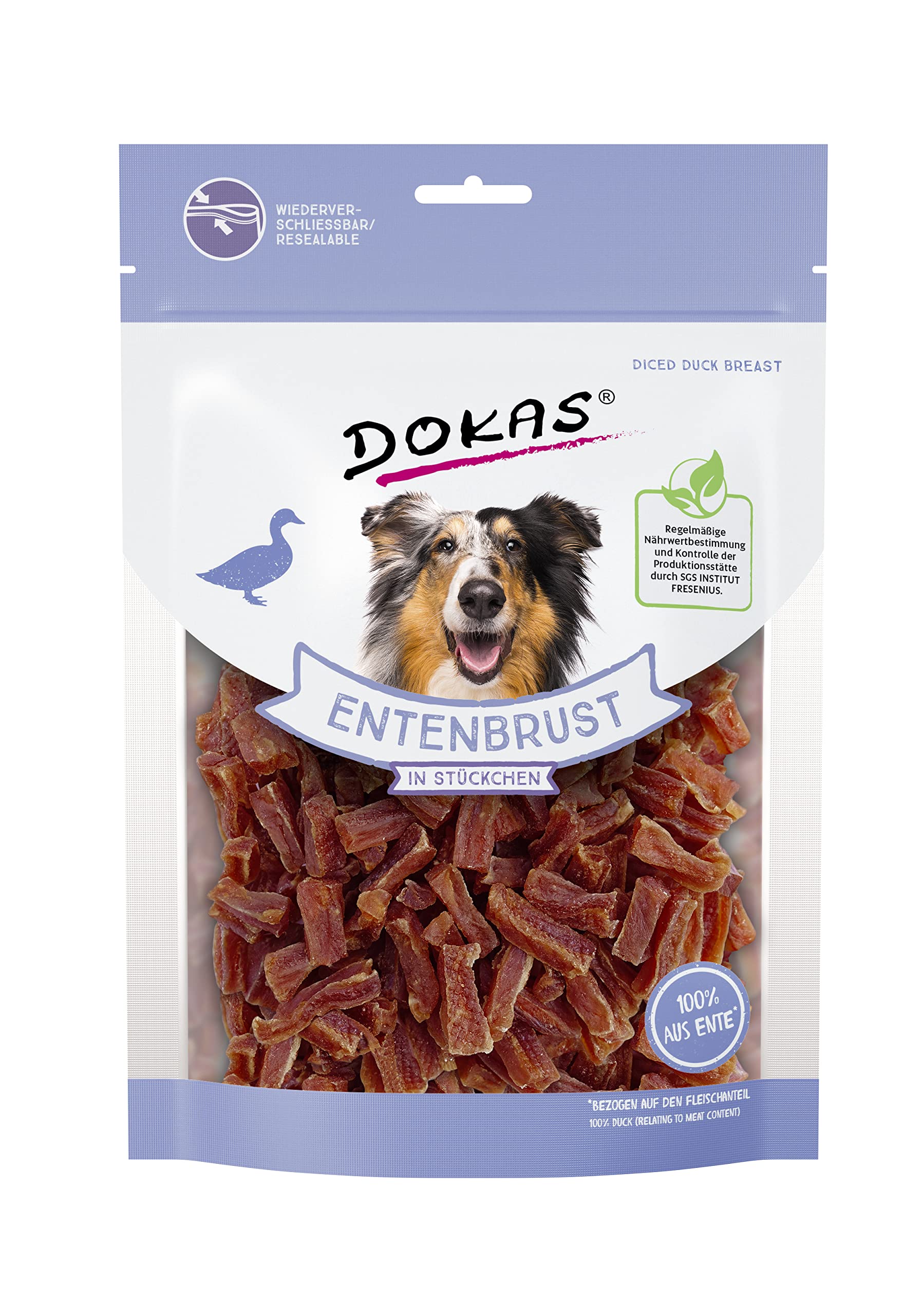 DOKAS Pechuga de Pato en trozos – Snack Premium sin Gluten de tamaño práctico para Perros – Ideal para Entrenamiento – 1 x 200 g