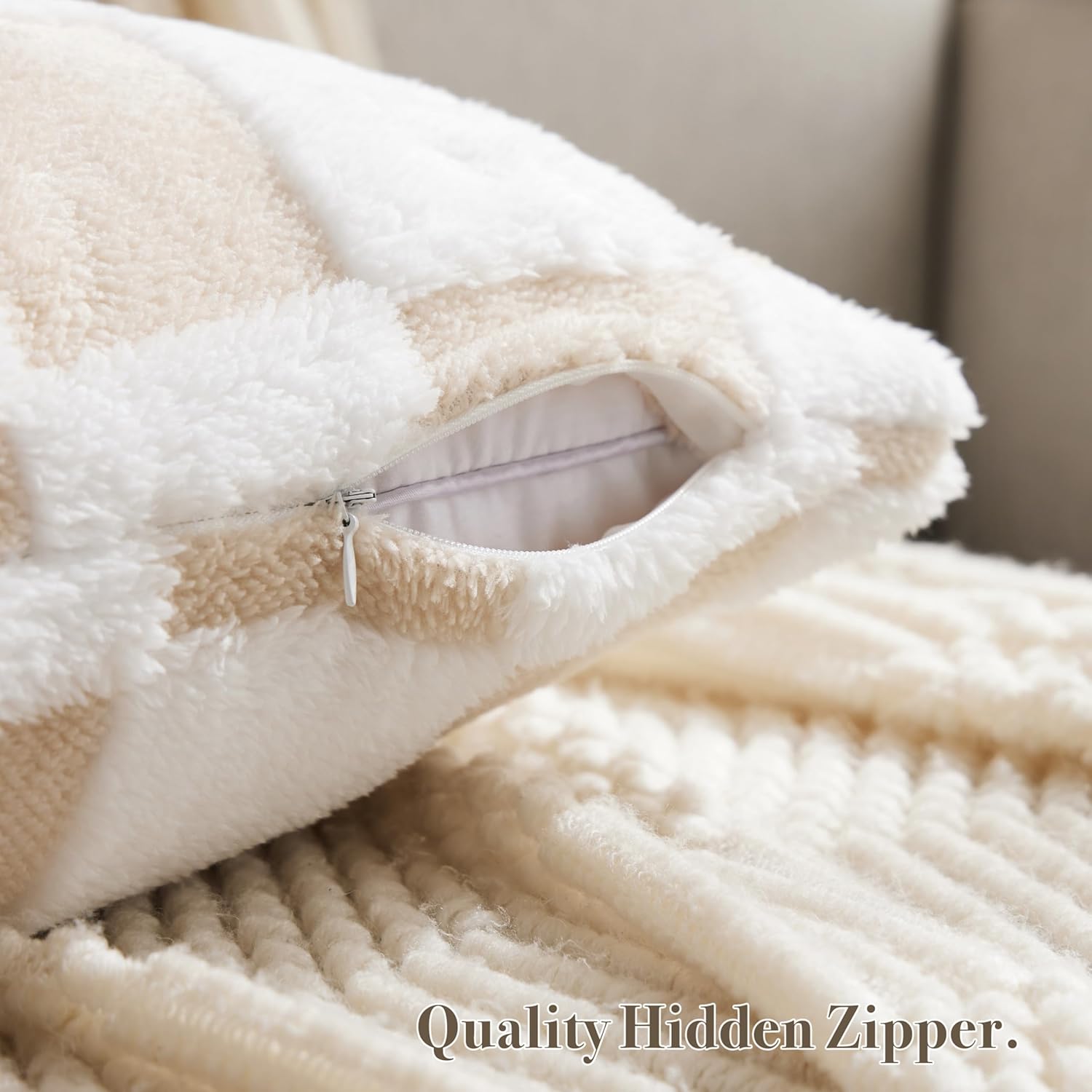 Checkered Jacquard Shag Throw Pillow Covers, Pack of 2 Fluffy Beige Sand Cute Decorative Boho Aesthetic Soft Checkered Throw Pillow Cases for Couch Sofa Bedroom,18x18 Inch - Image 2